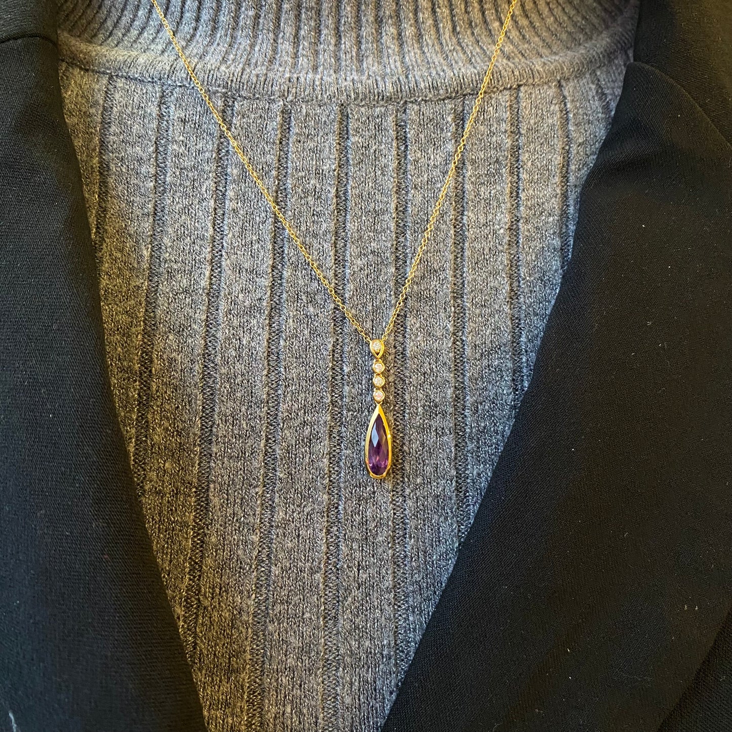 9ct Gold Pear Amethyst & Diamond Necklace