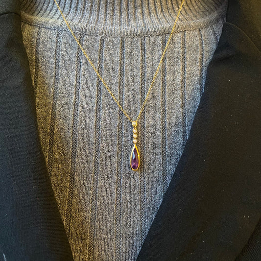 9ct Gold Pear Amethyst & Diamond Necklace