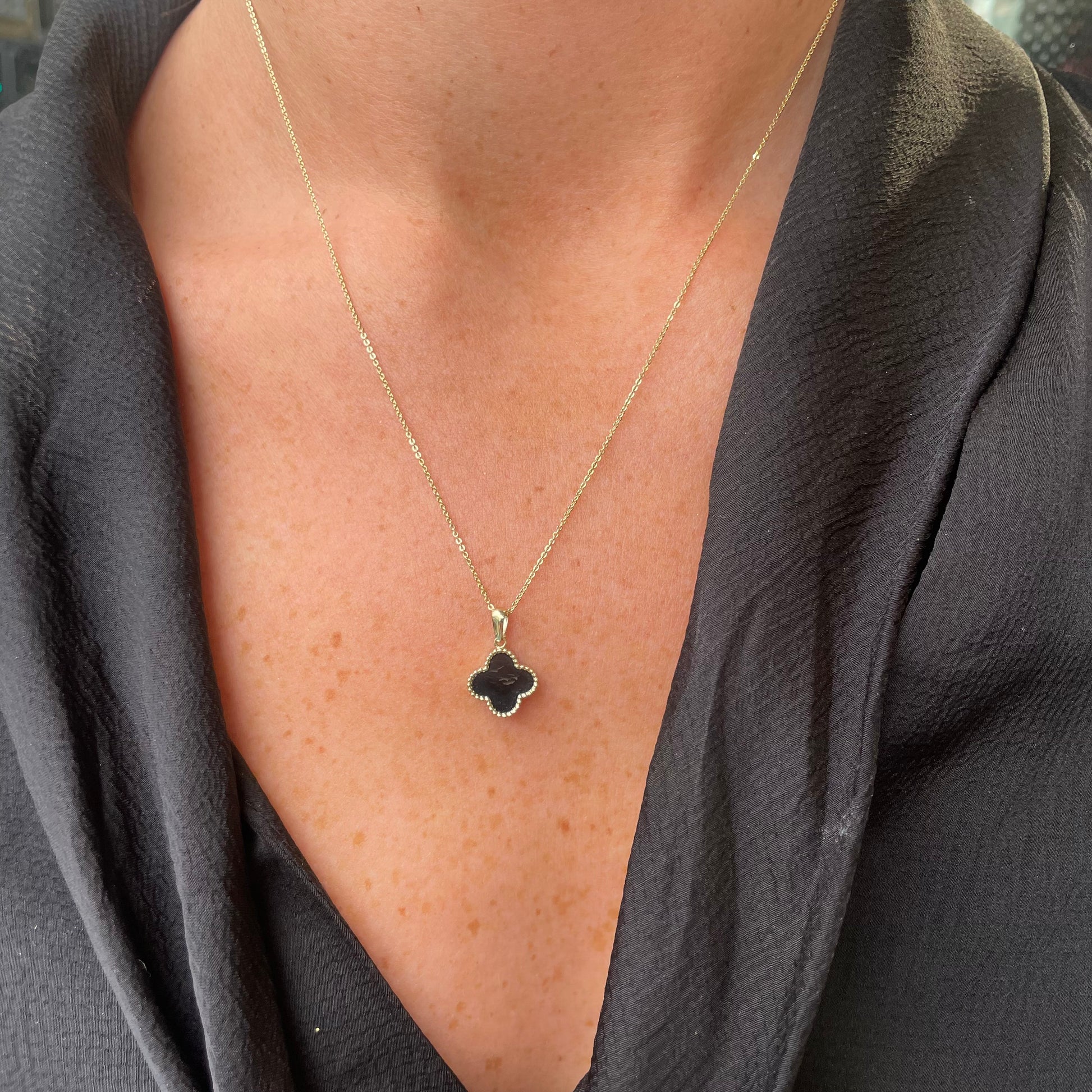 9ct Gold Onyx Quatrefoil Necklace - John Ross Jewellers