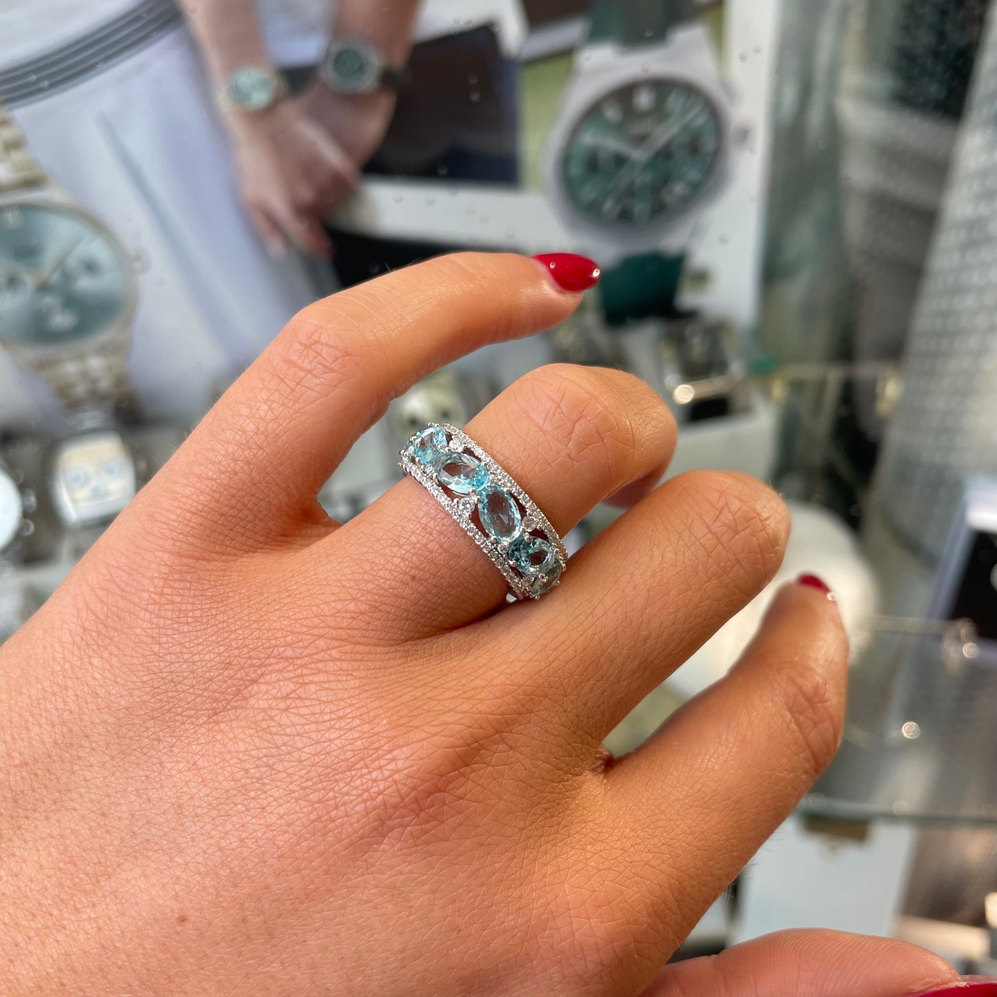 Silver Aqua CZ Band Ring - John Ross Jewellers