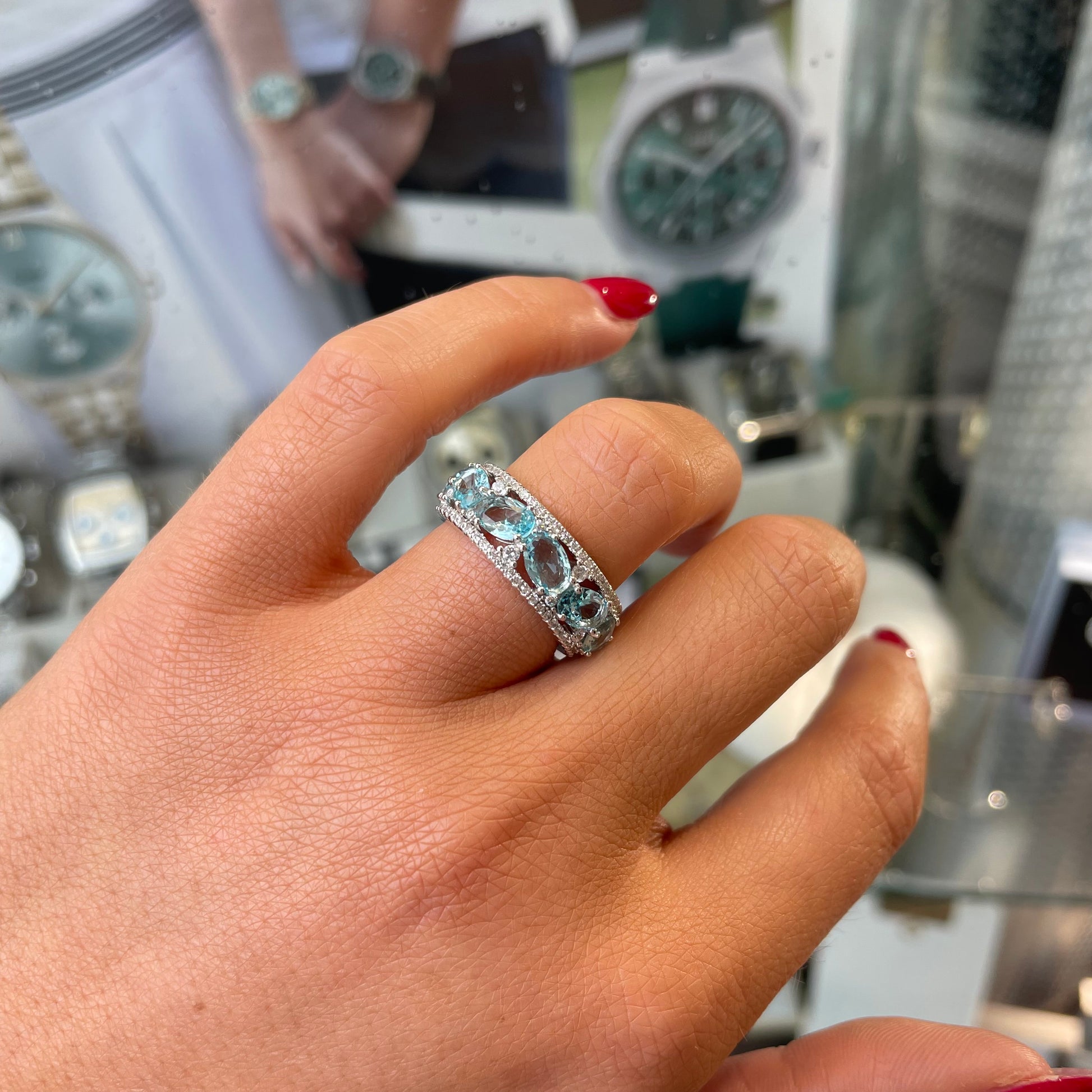 Silver Aqua CZ Band Ring - John Ross Jewellers
