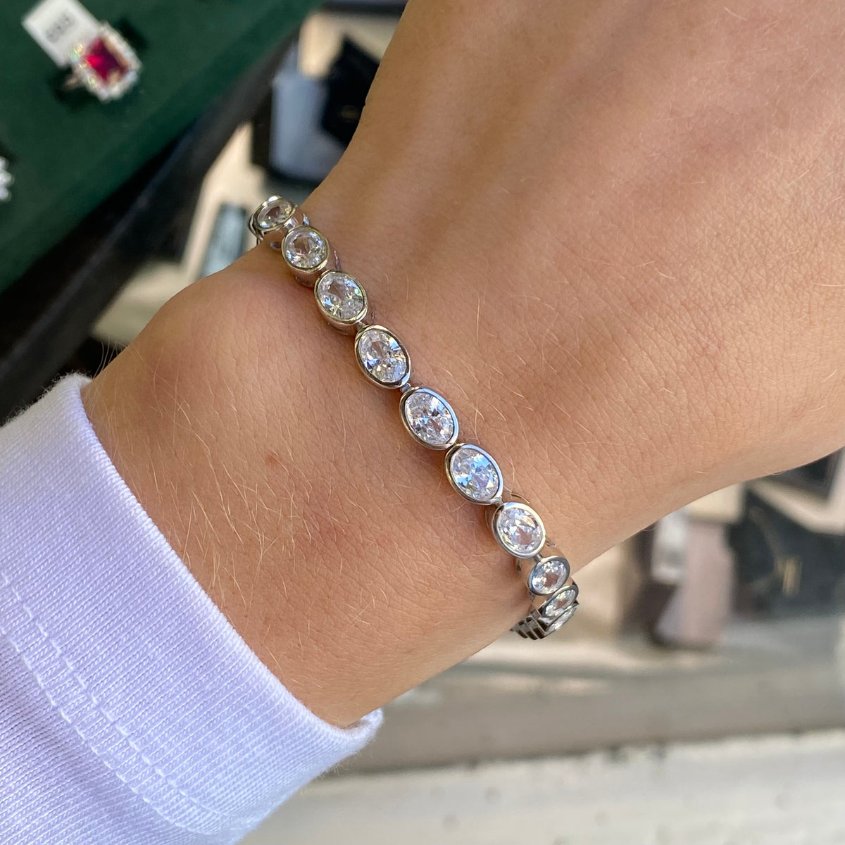 Silver CZ Oval Cut Line Bracelet | 19cm
