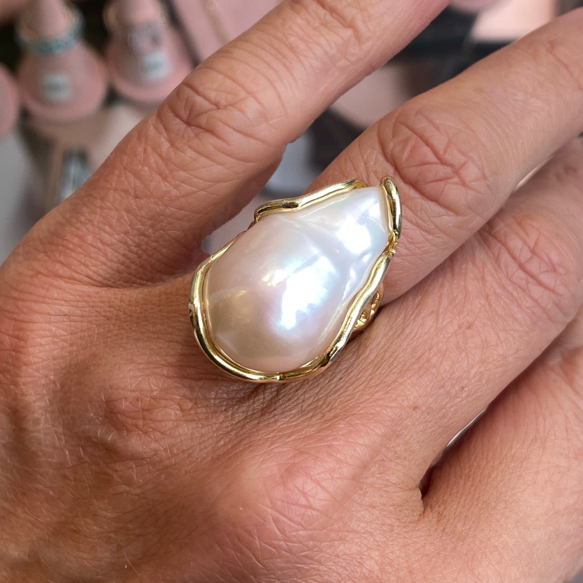 Bruno Baroque Pearl Ring featuring a large, irregular-shaped pearl set on a sleek silver band.
