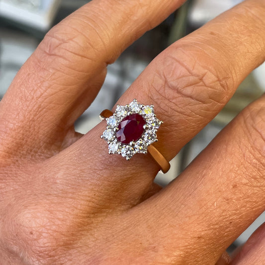 18ct Gold Ruby & Diamond Cluster Ring - John Ross Jewellers