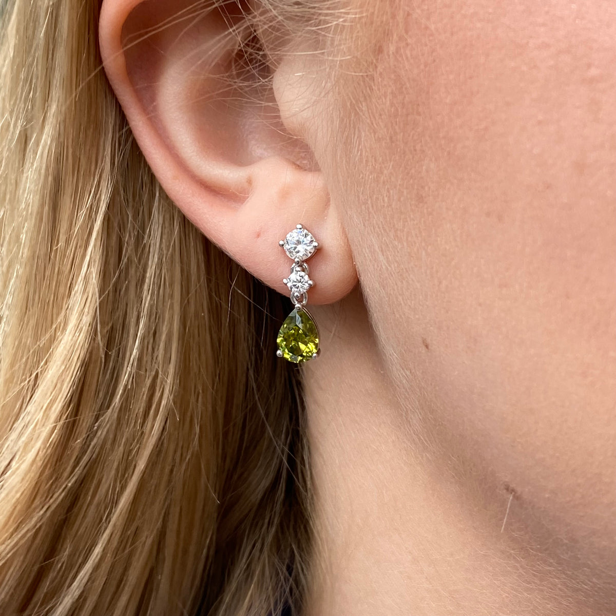 Silver Faux Peridot & CZ Drop Earrings Earrings