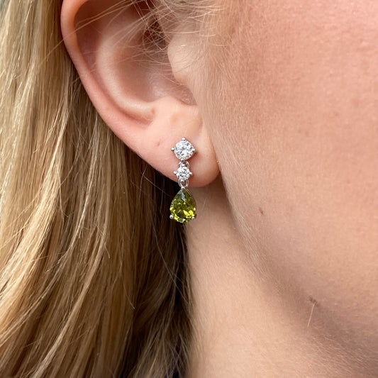 Silver Faux Peridot & CZ Drop Earrings Earrings