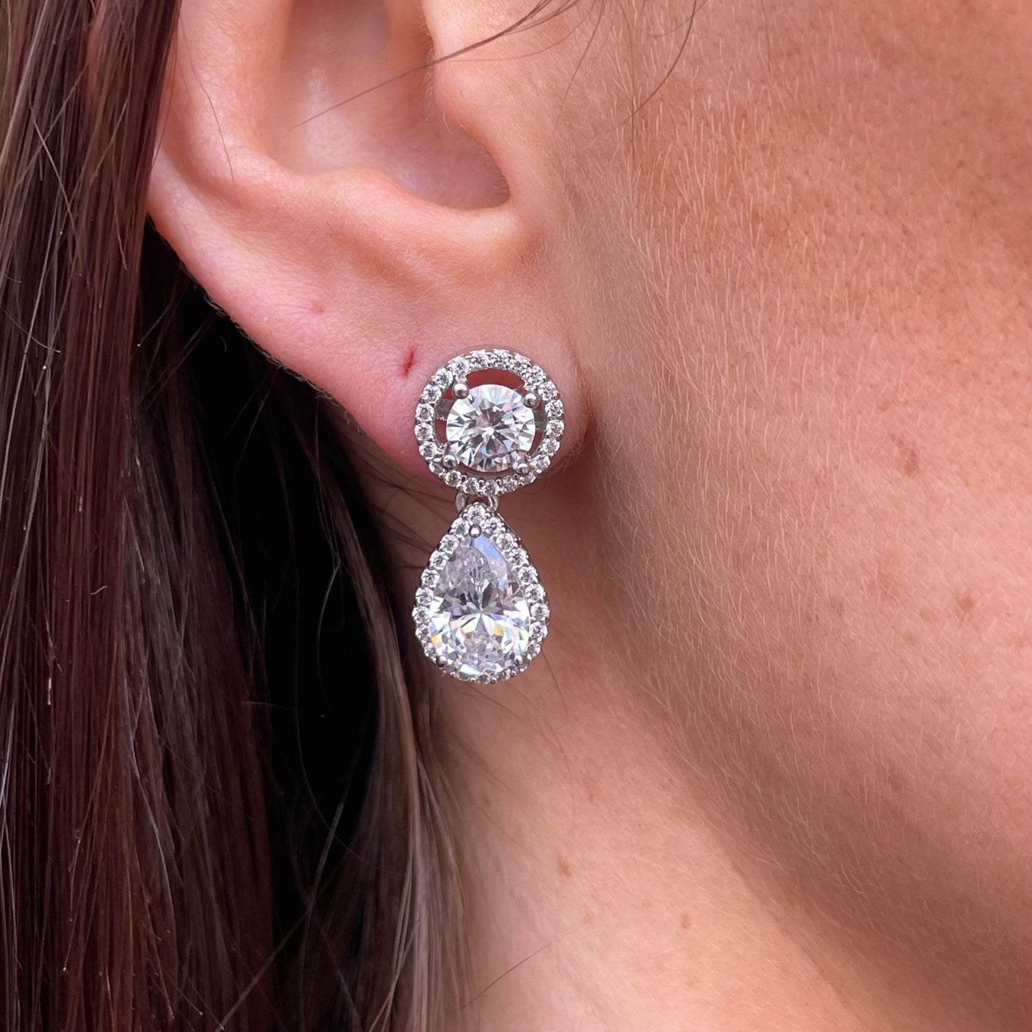 Silver Pear Halo CZ Drop Earrings