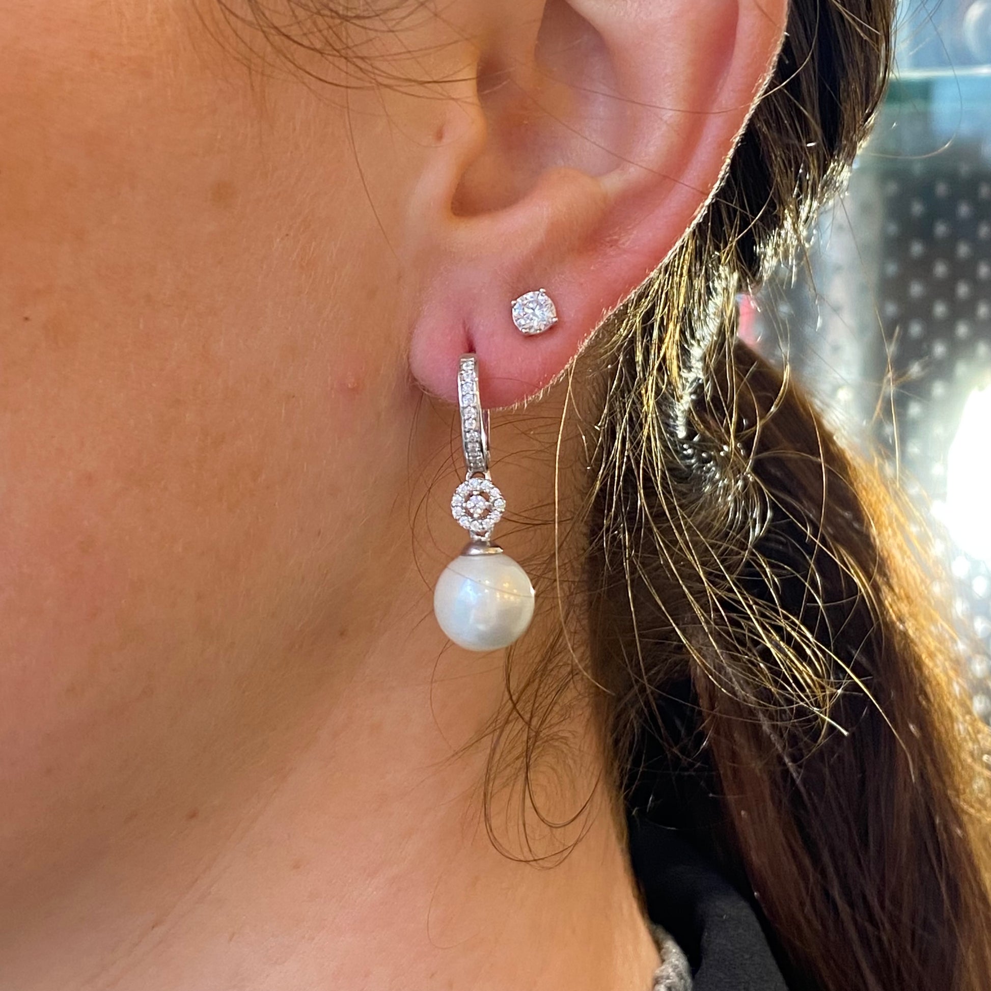 Silver 10mm Shell Pearl & CZ Drop Earrings - John Ross Jewellers