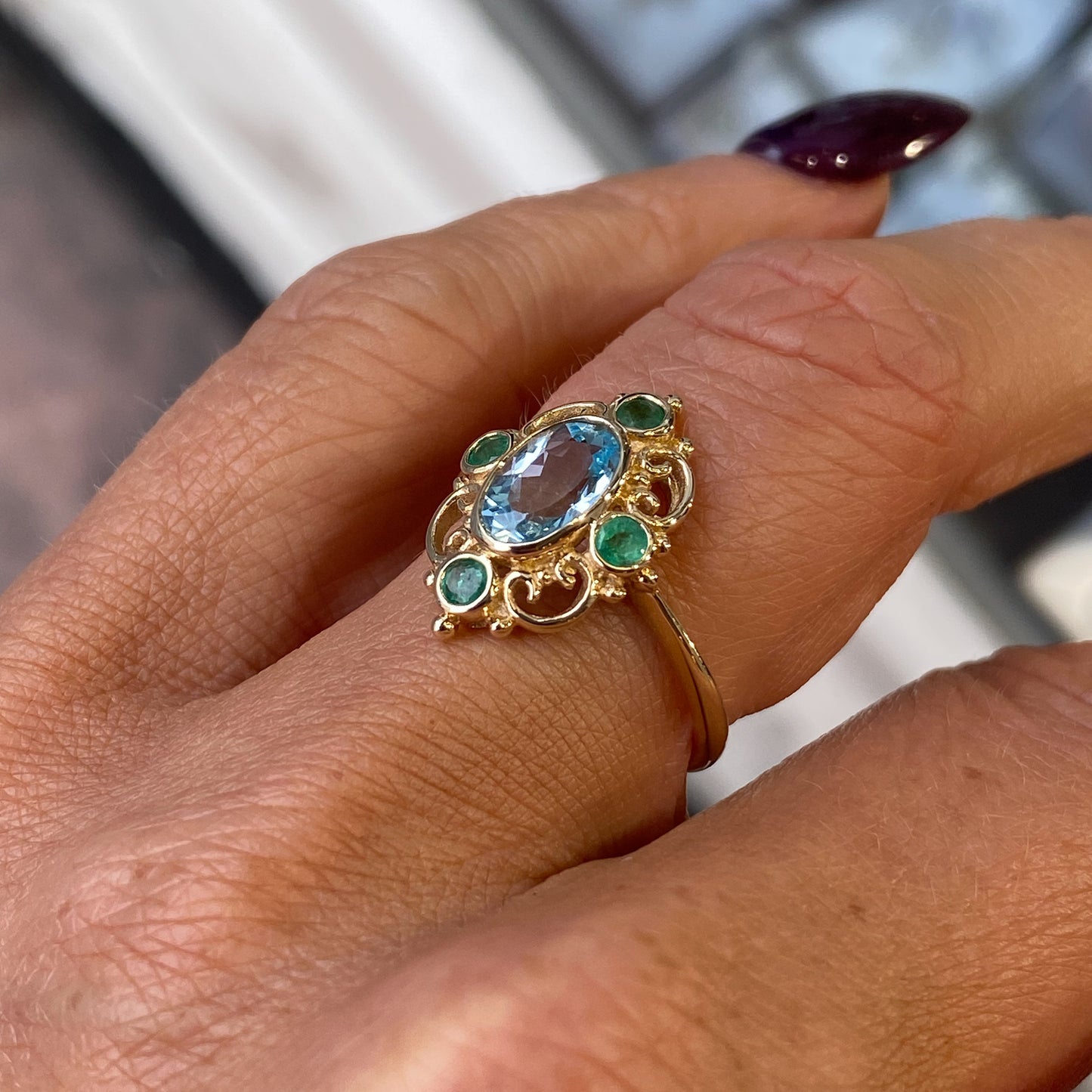 9ct Gold Blue Topaz & Emerald Ring