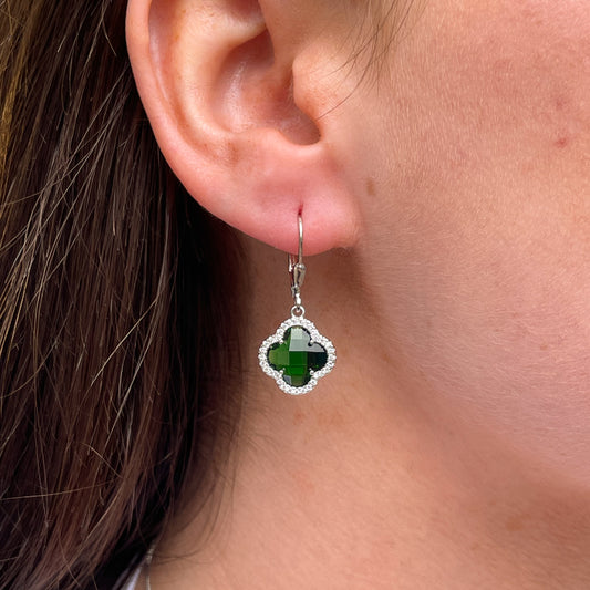 Silver CZ Drop Earring & Necklace Quatrefoil Set | Emerald Green