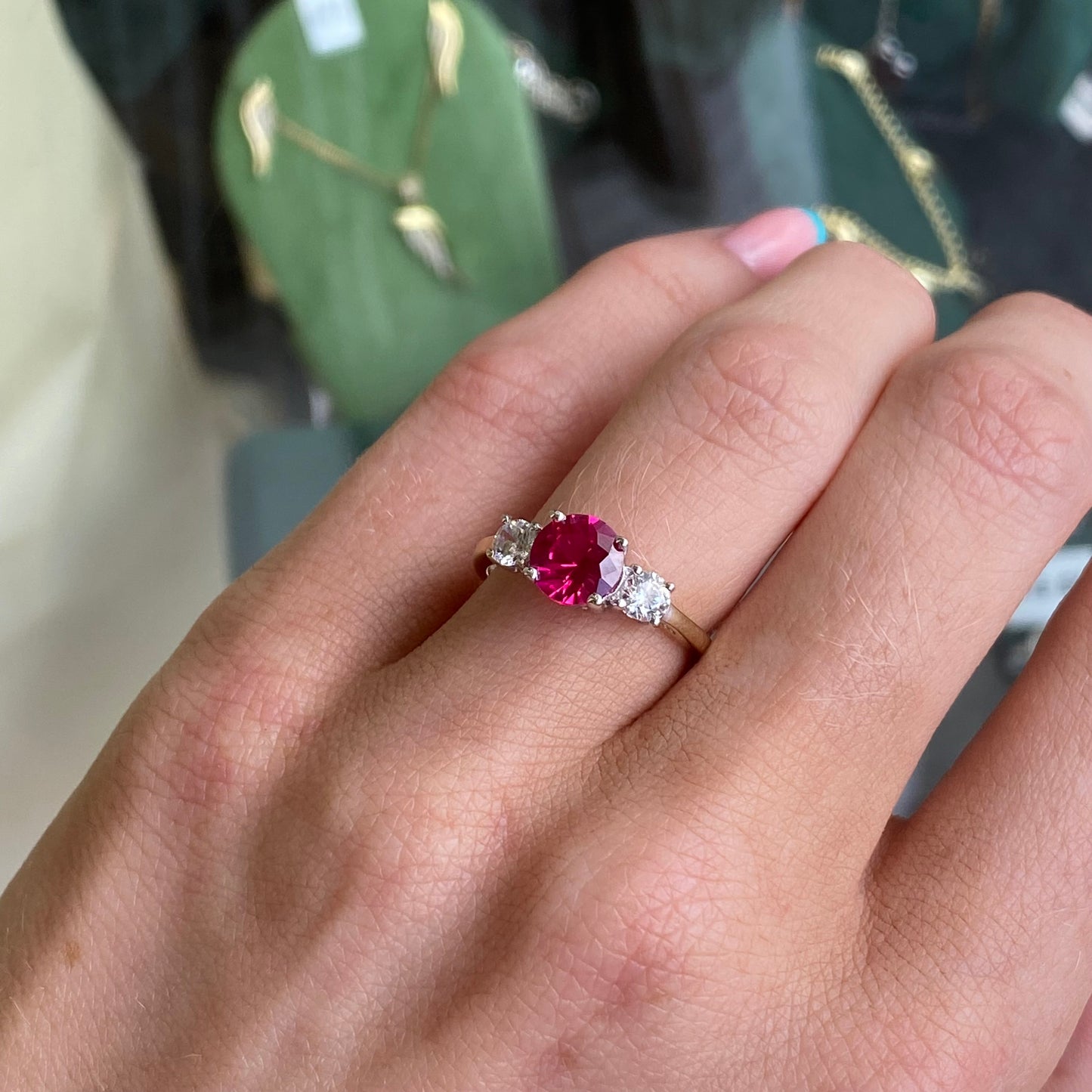 9ct Gold Created Ruby & CZ Trilogy Ring