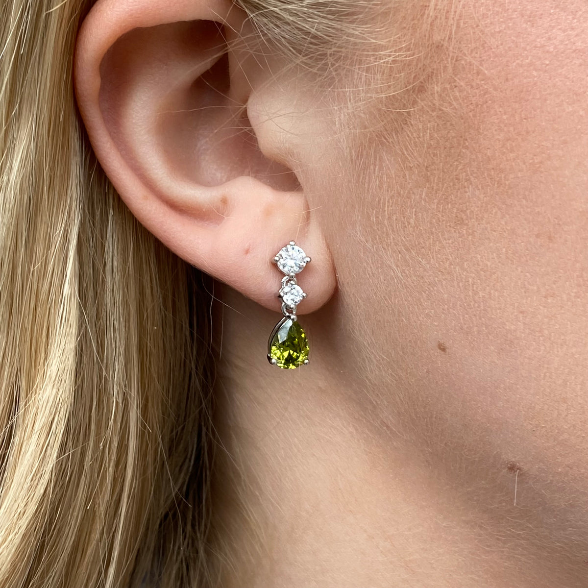 Silver Faux Peridot & CZ Drop Earrings Earrings