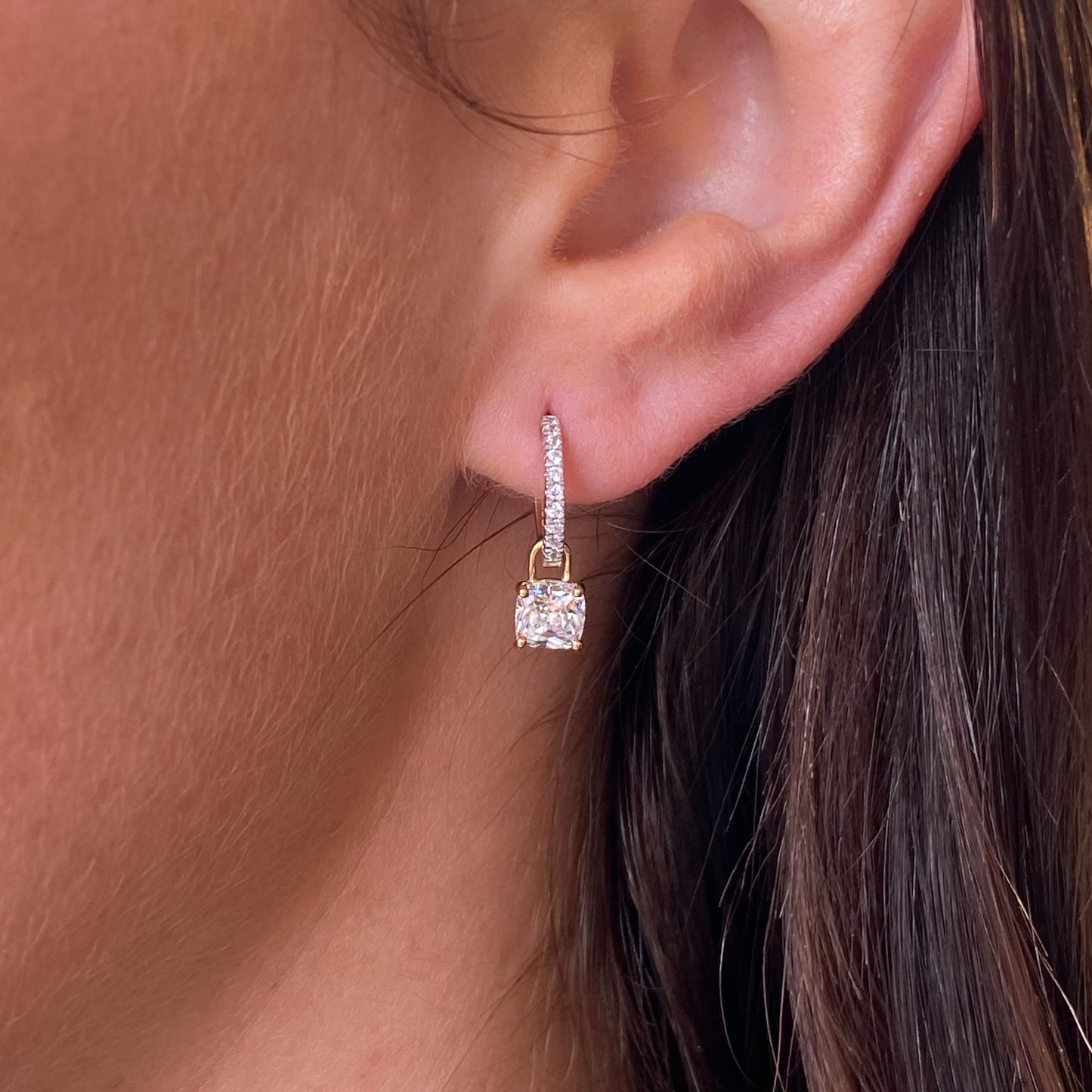 9ct Gold Charming Huggie Hoop Earrings | CZ Cushion - John Ross Jewellers