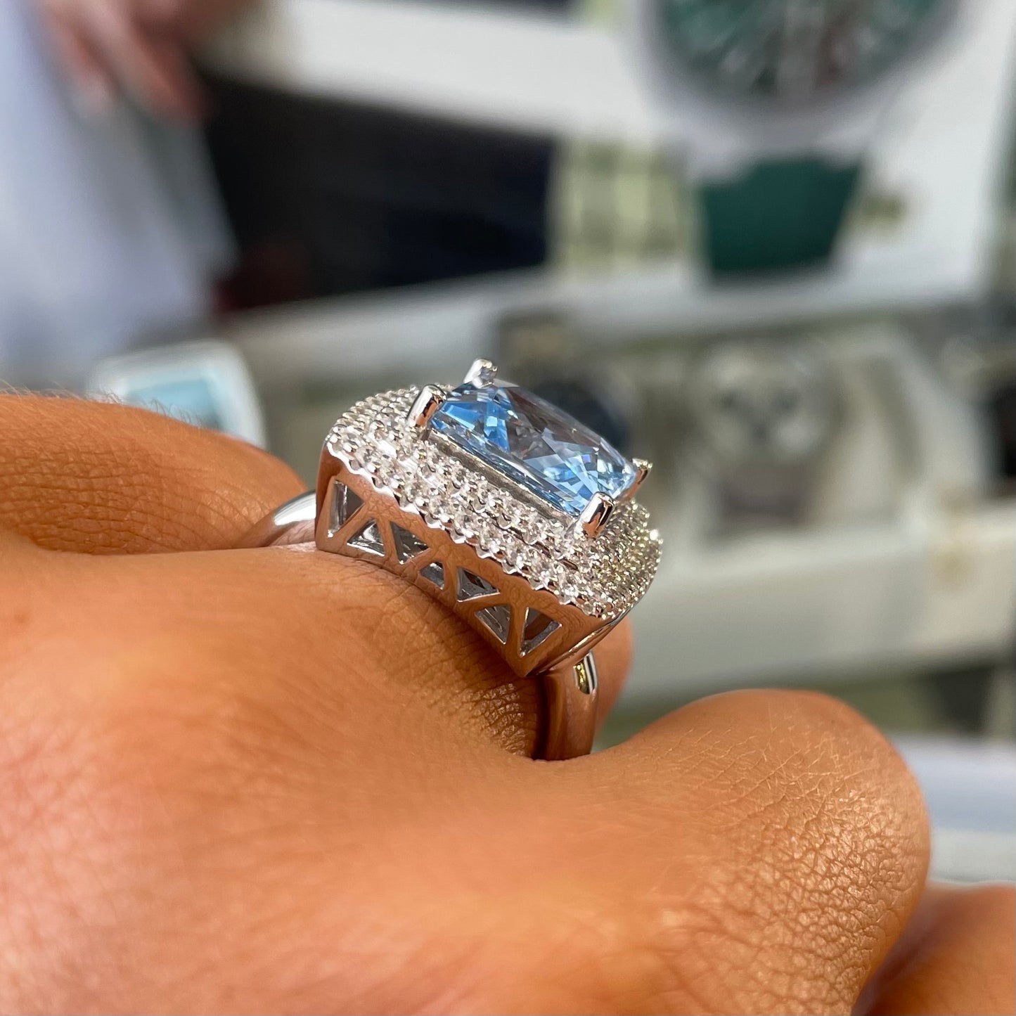 Silver Aqua Double Halo Ring - John Ross Jewellers