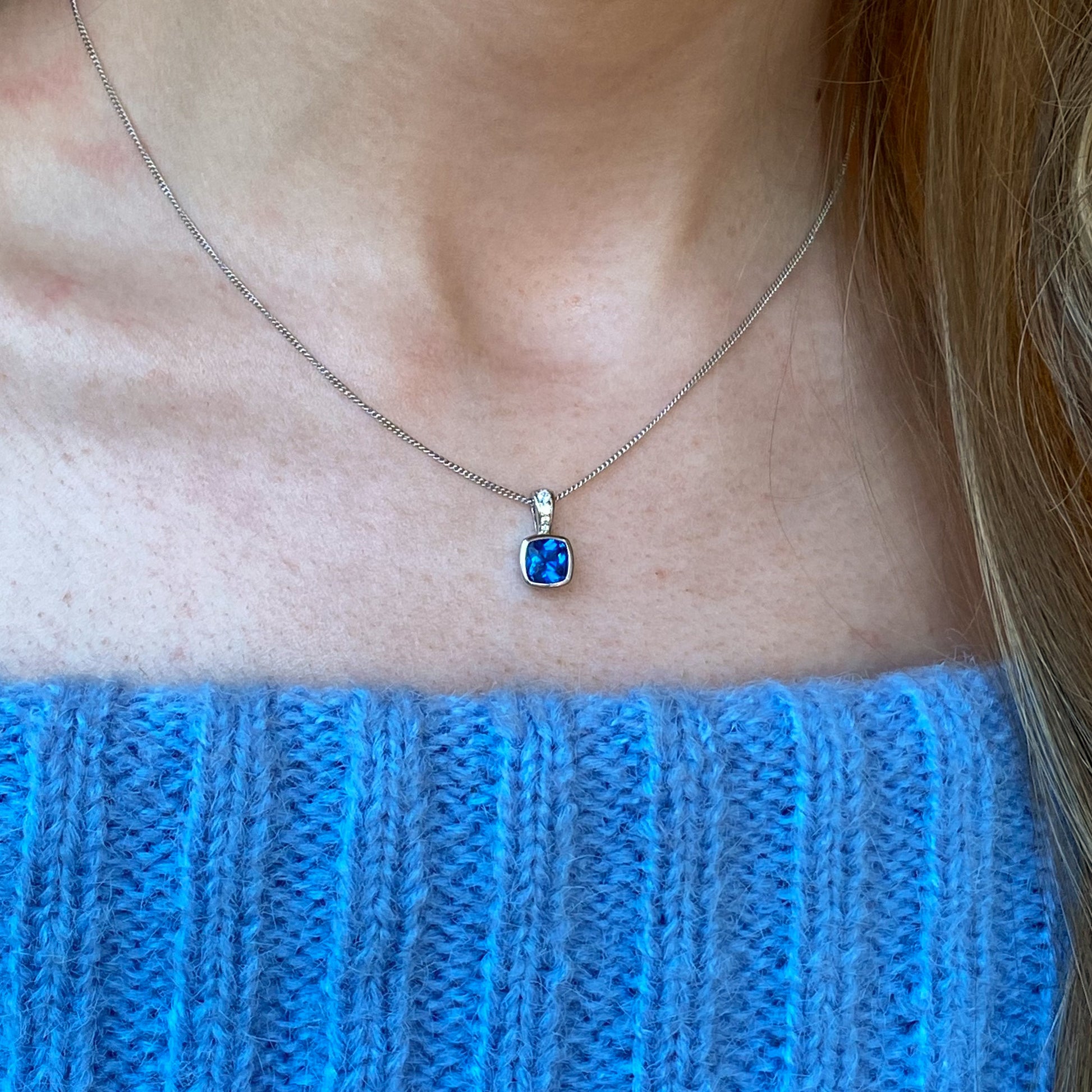 Silver Cushion CZ Necklace | Sapphire Blue - John Ross Jewellers