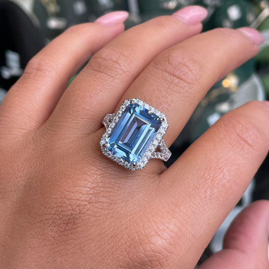 Silver Emerald Cut Statement Ring | Aqua Blue
