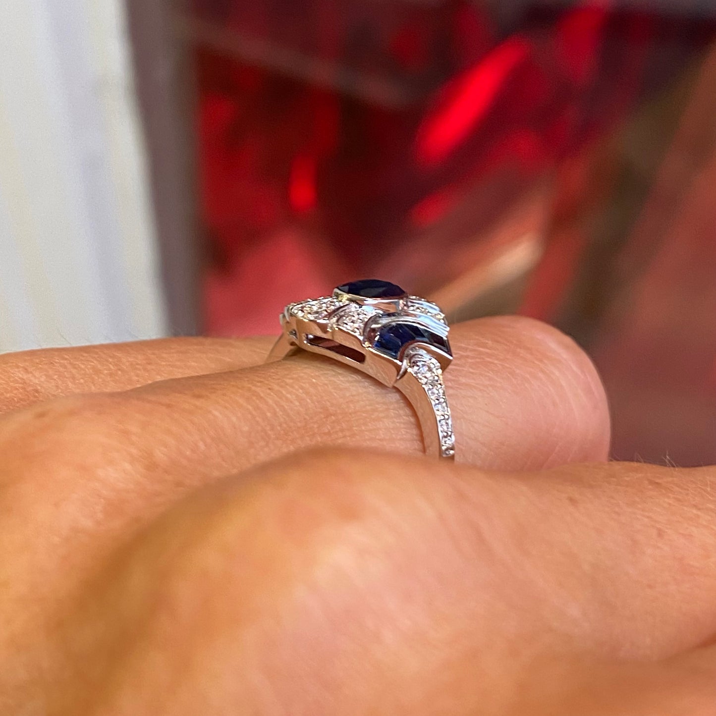 18ct White Gold Sapphire & Diamond Deco Ring - John Ross Jewellers