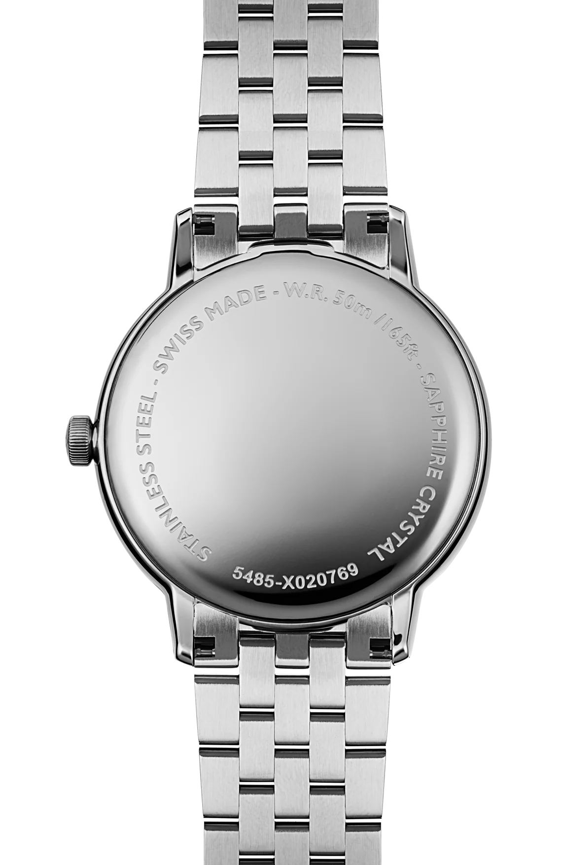 Raymond Weil Classic Toccata 39mm steel watch with blue dial, stainless steel case, and black leather strap, viewed from the back.