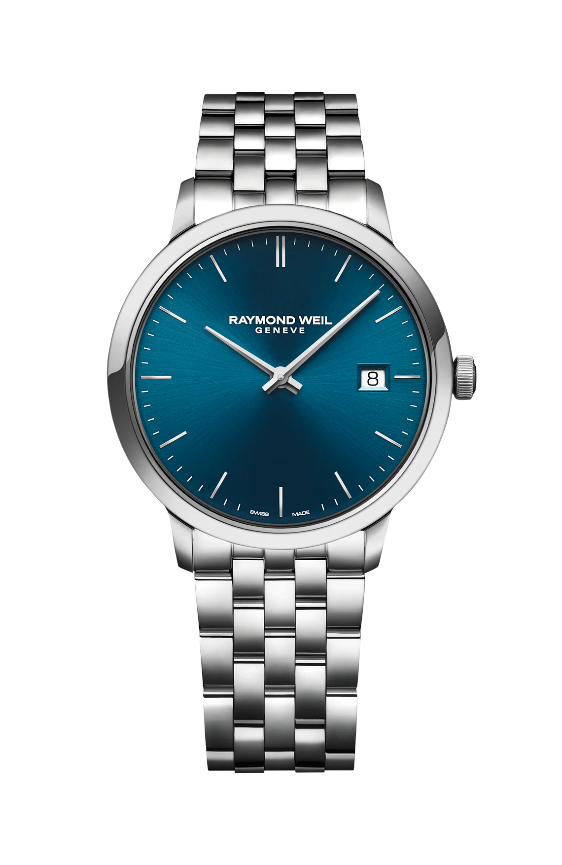 Raymond Weil Classic Toccata 39mm steel watch with blue dial and stainless steel bracelet, front view.