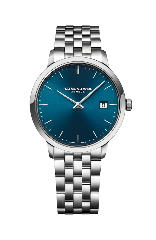 Raymond Weil Classic Toccata 39mm steel watch with blue dial and stainless steel bracelet, front view.