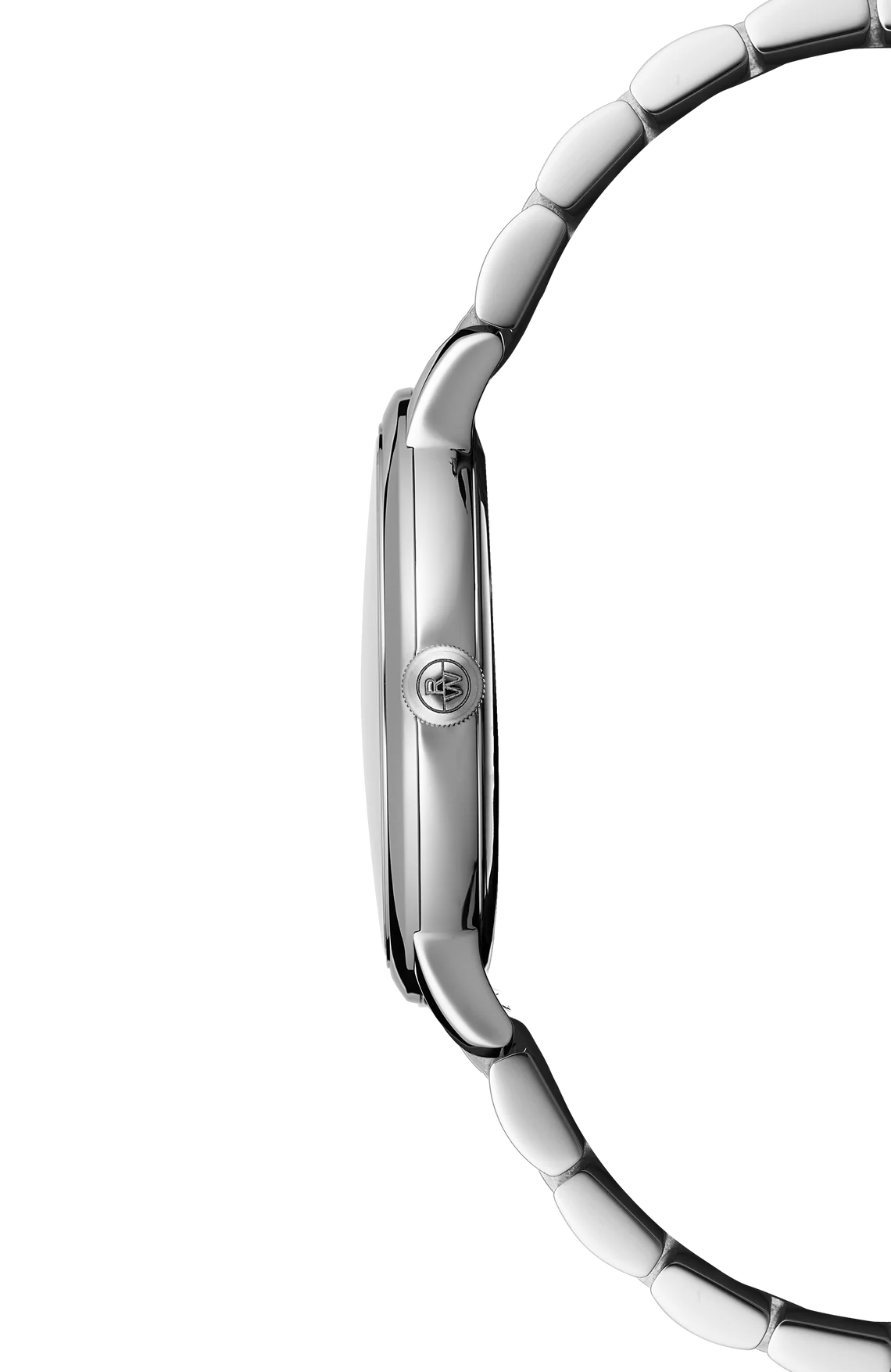 Raymond Weil Classic Toccata 39mm steel watch with blue dial, side view showing stainless steel bracelet and elegant design.