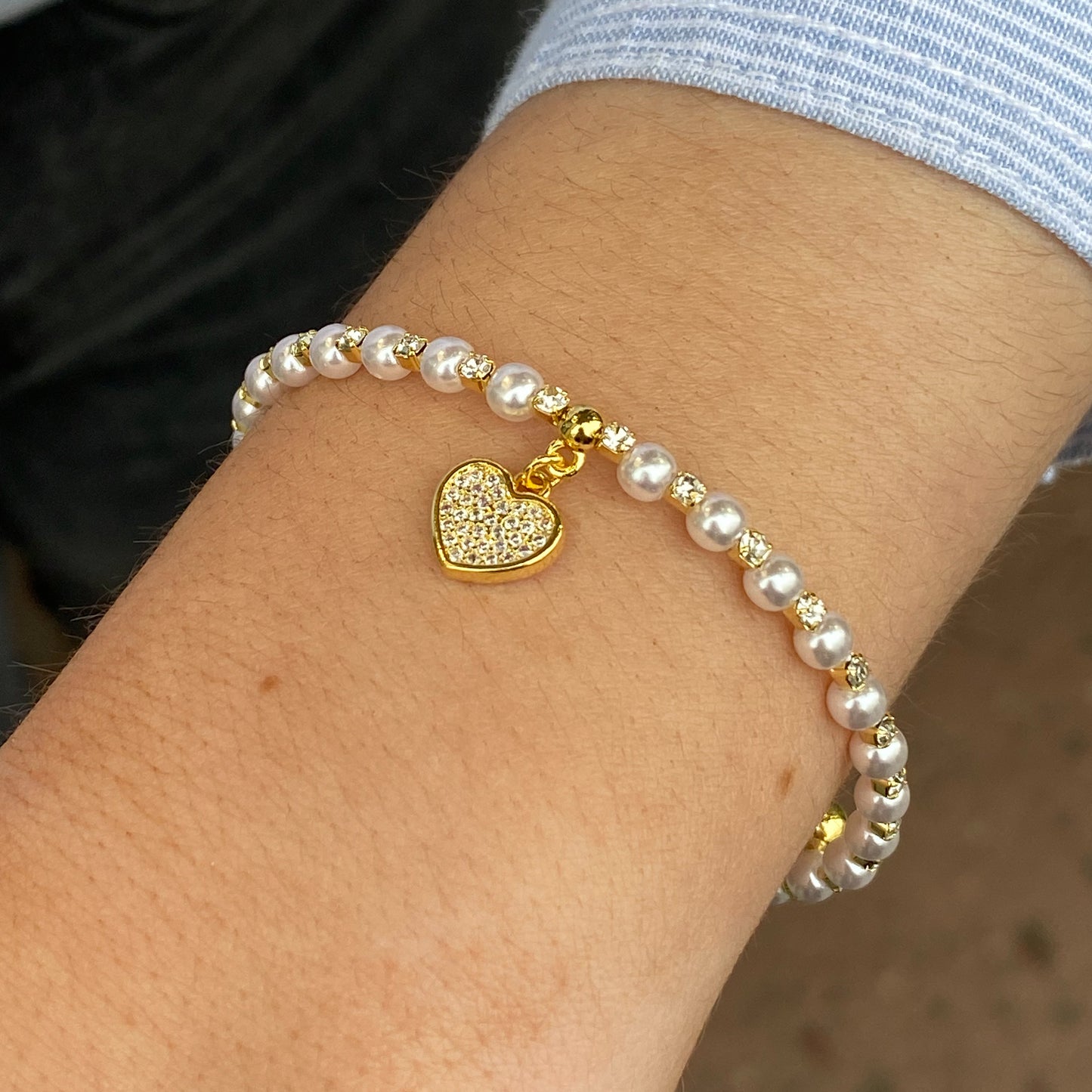 REBECCA MyWorld Pearl Charm Bangle - Gold | Heart - John Ross Jewellers