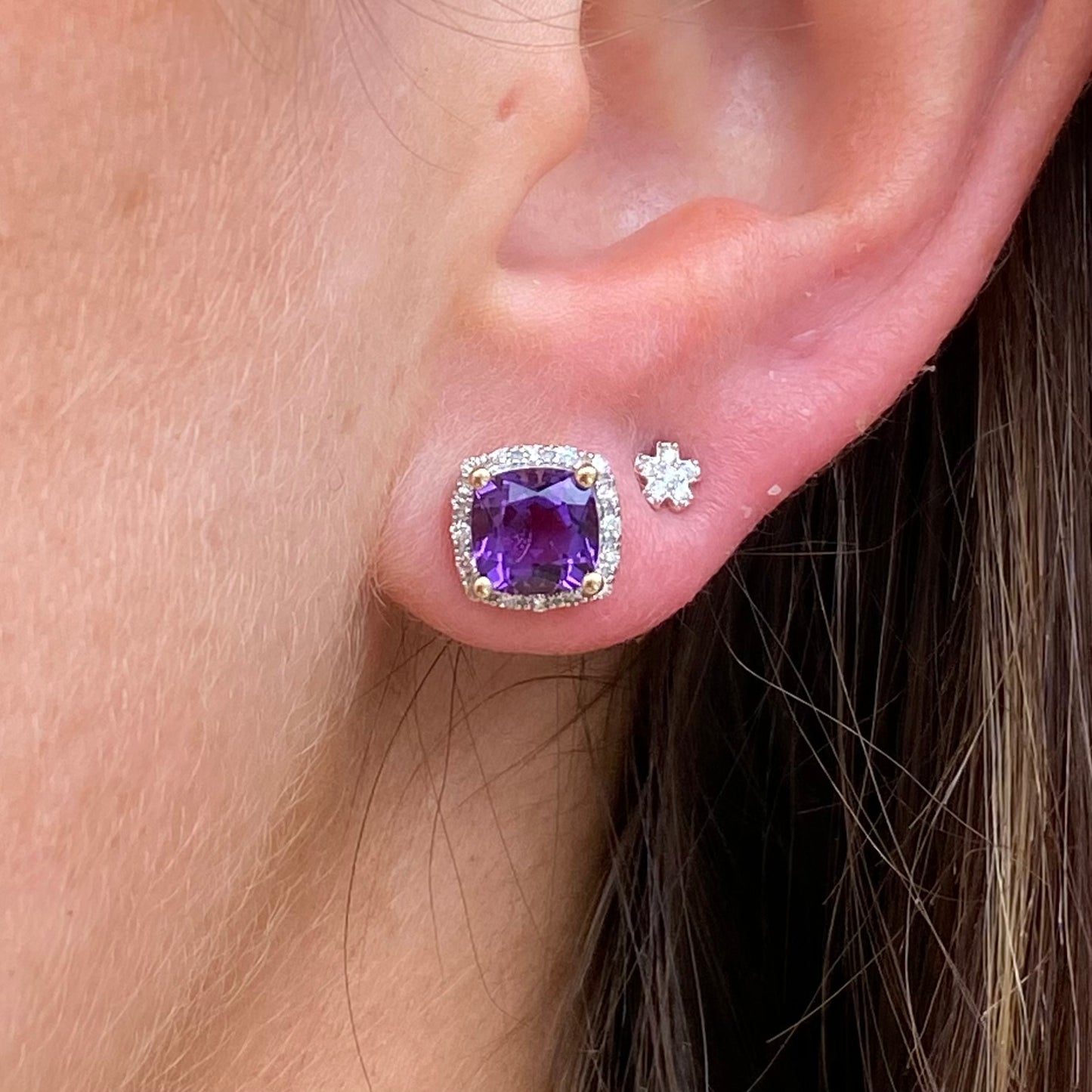 9ct Gold Amethyst & Diamond Stud Earrings | Cushion Shape