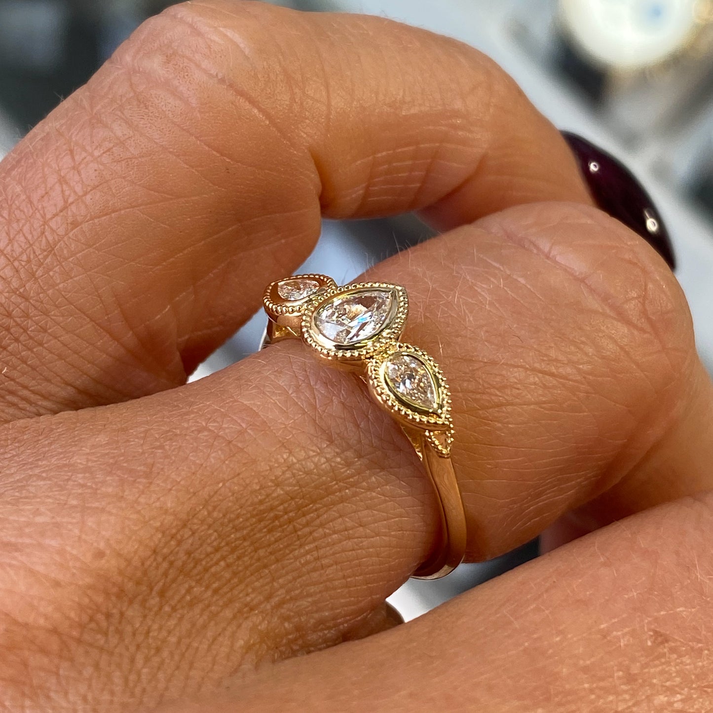 18ct Gold Pear Cut Diamond Trilogy Engagement Ring