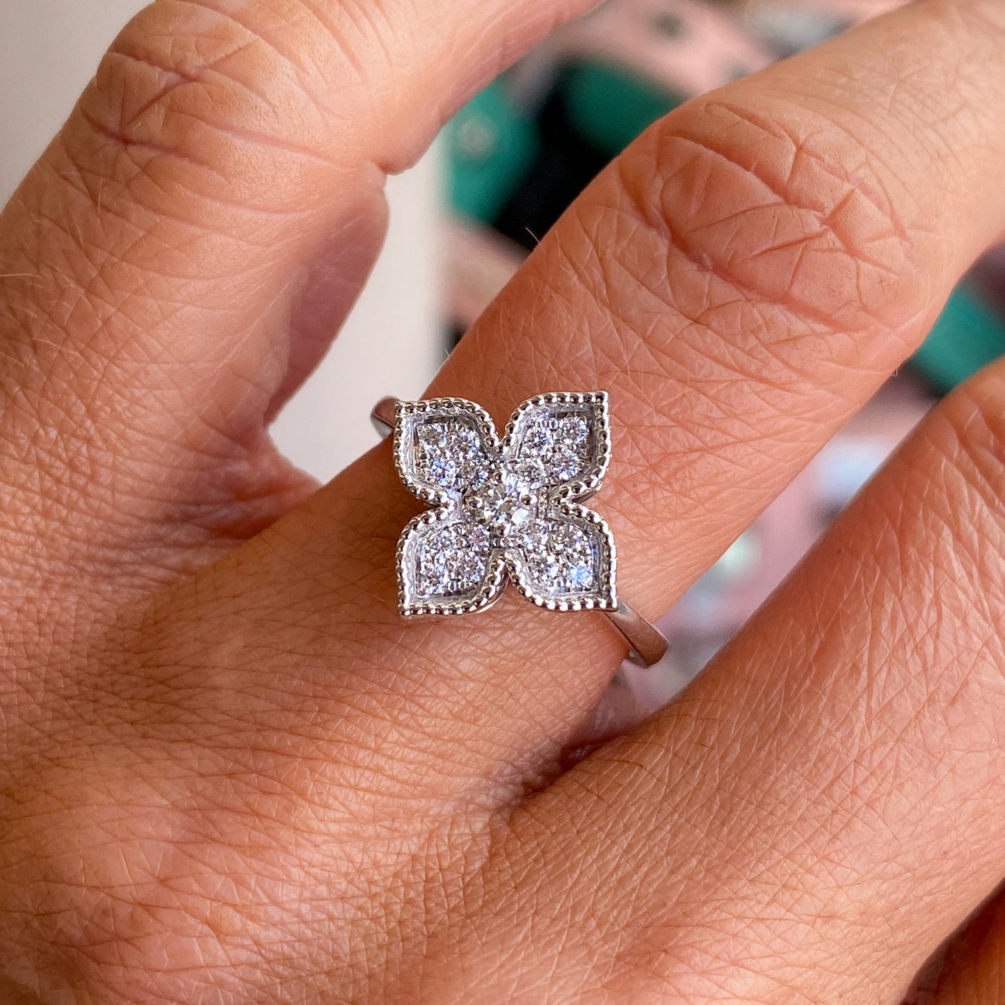 18ct white gold Venetian quatrefoil diamond ring by Lanza, showcasing intricate design and sparkling diamonds on the band.