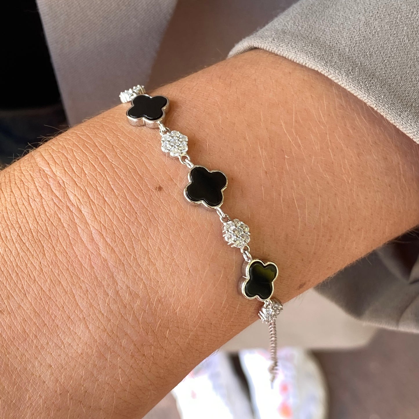 Silver CZ Bracelet | Onyx Quatrefoil