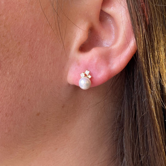 9ct Gold Freshwater Pearl & Princess CZ Trio Stud Earrings - John Ross Jewellers