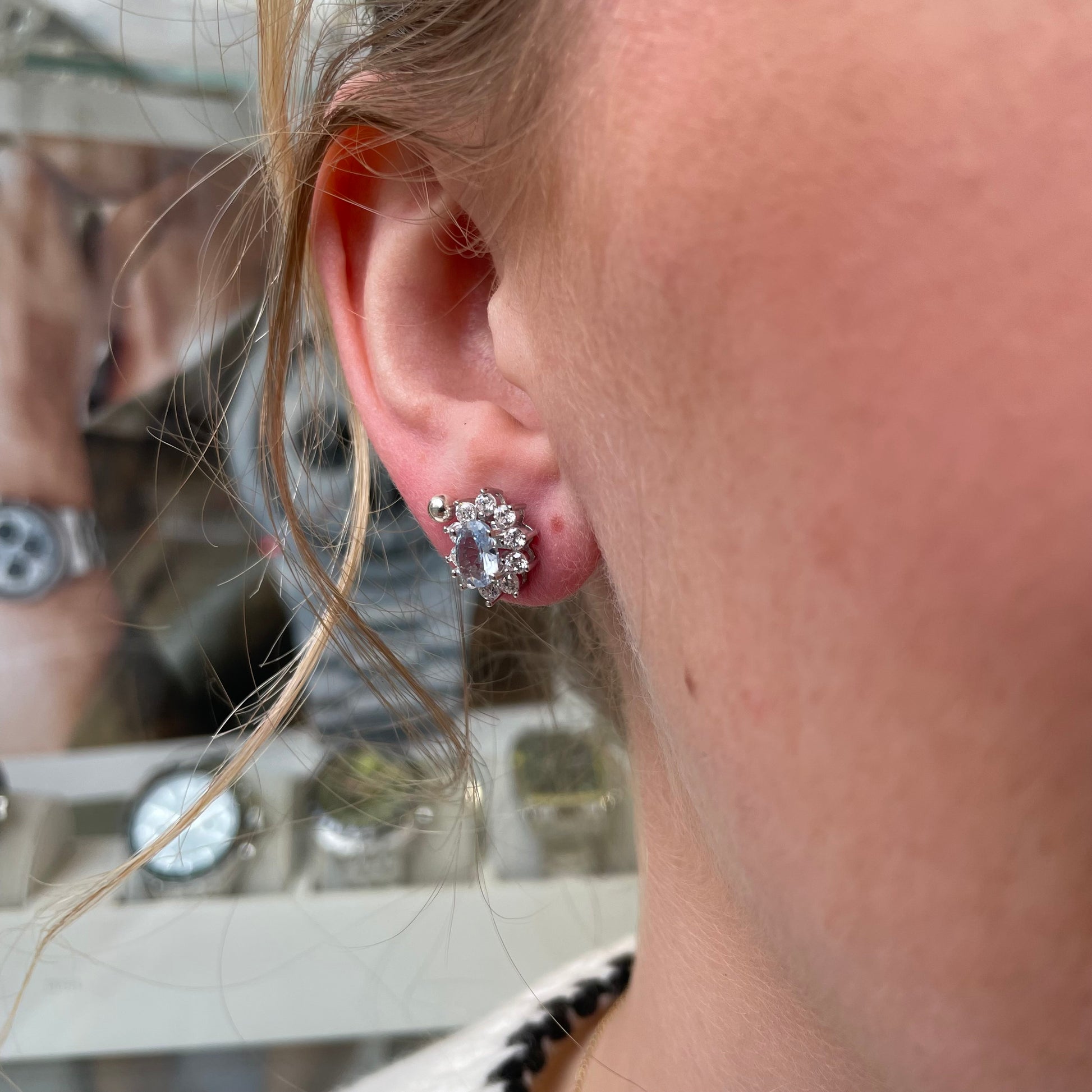 Silver Aqua CZ Diana Stud Earrings - John Ross Jewellers