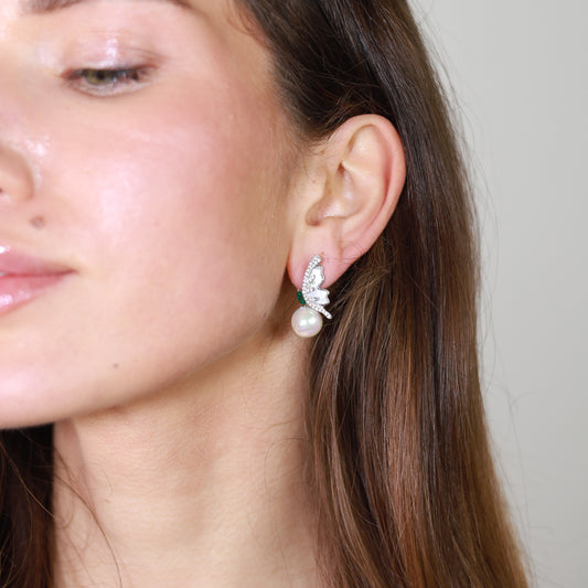 Silver Pearl & CZ Drop Earrings