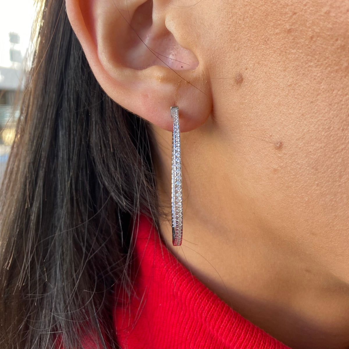 Silver Skinny Inside Outside CZ Hoop Earrings