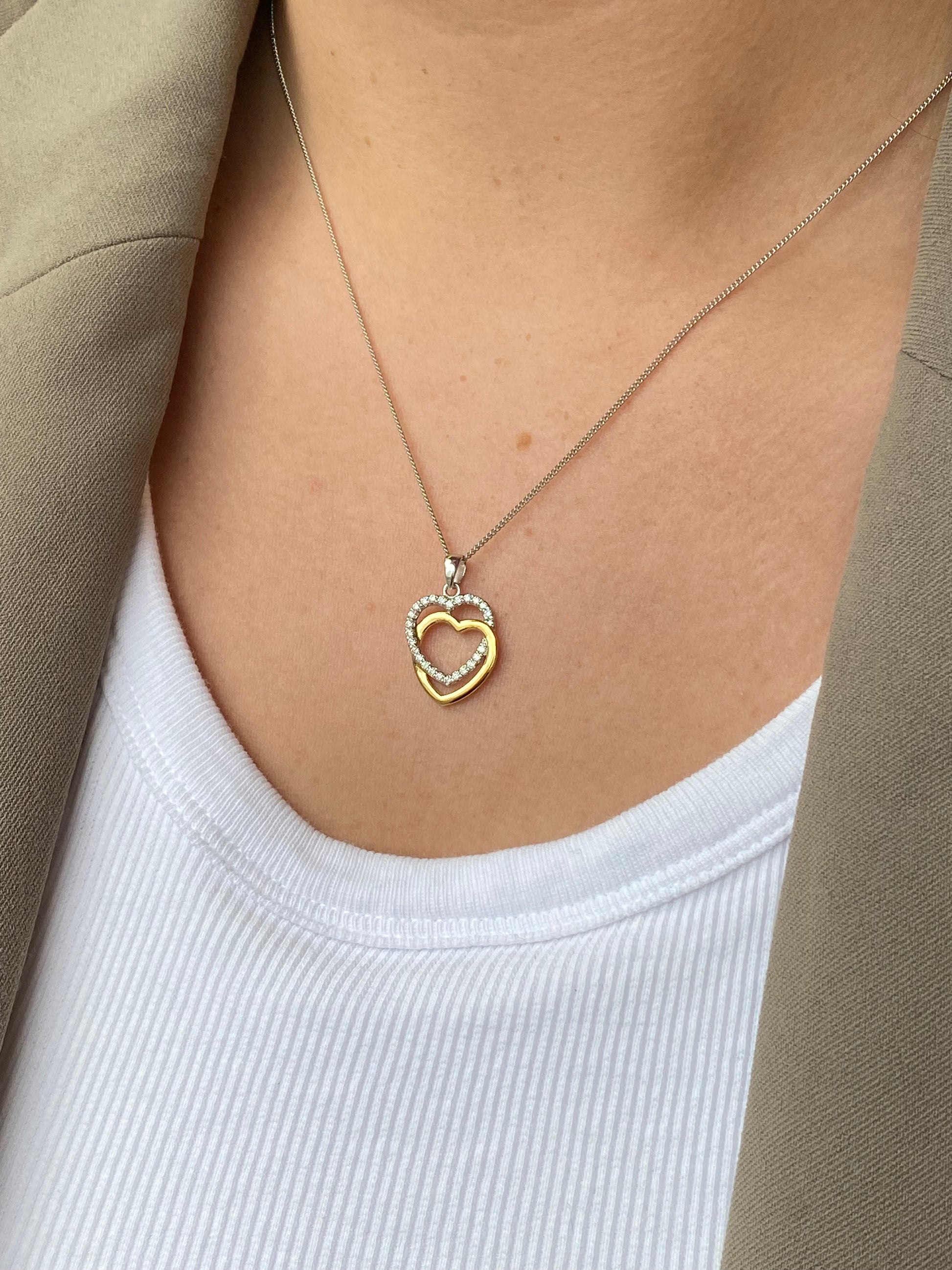 Silver Two Tone CZ Heart Unity Necklace - John Ross Jewellers