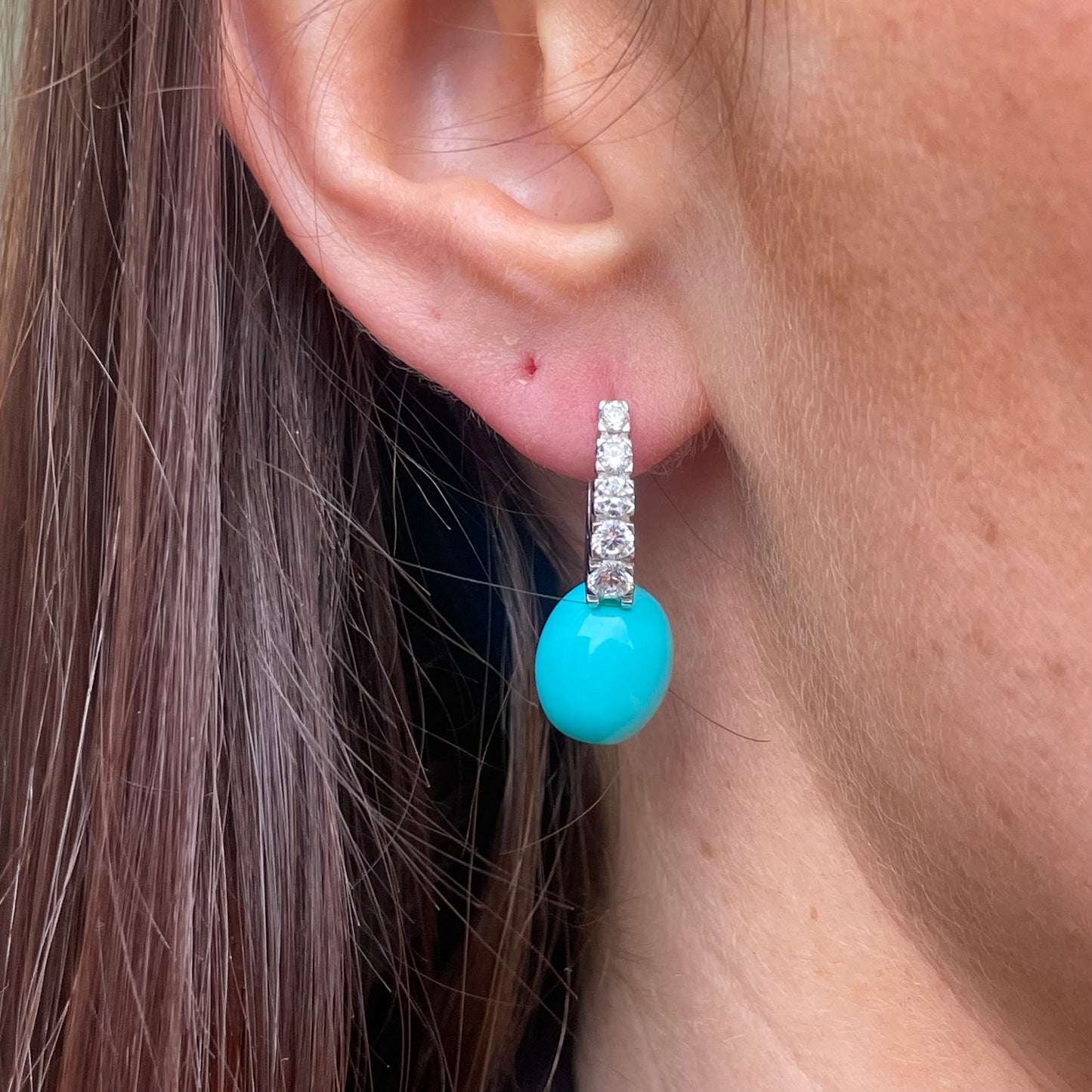 Silver CZ & 10x12mm Faux Turquoise Hoop Earrings