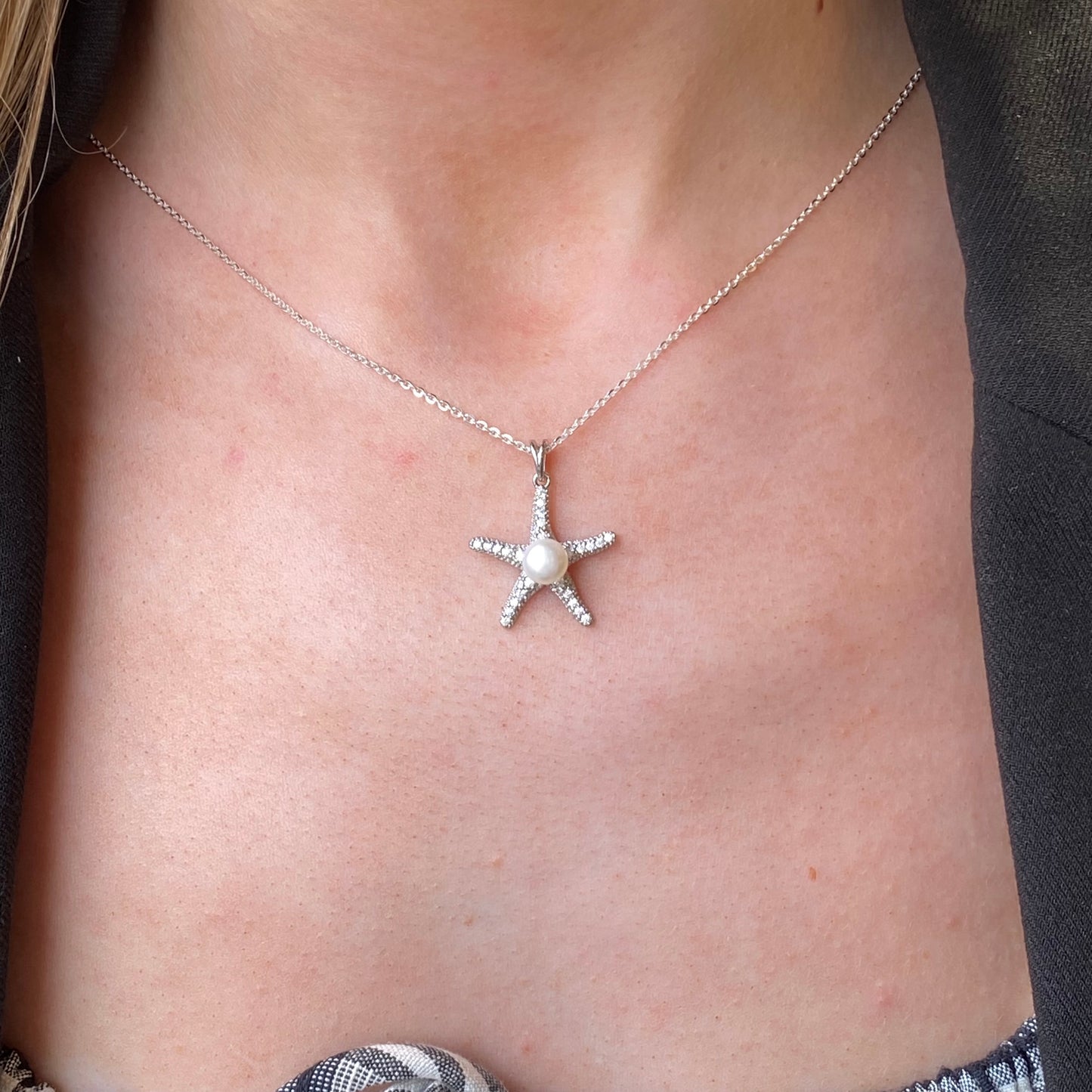 Silver 6mm Freshwater Pearl & CZ Starfish Necklace | 18" - John Ross Jewellers