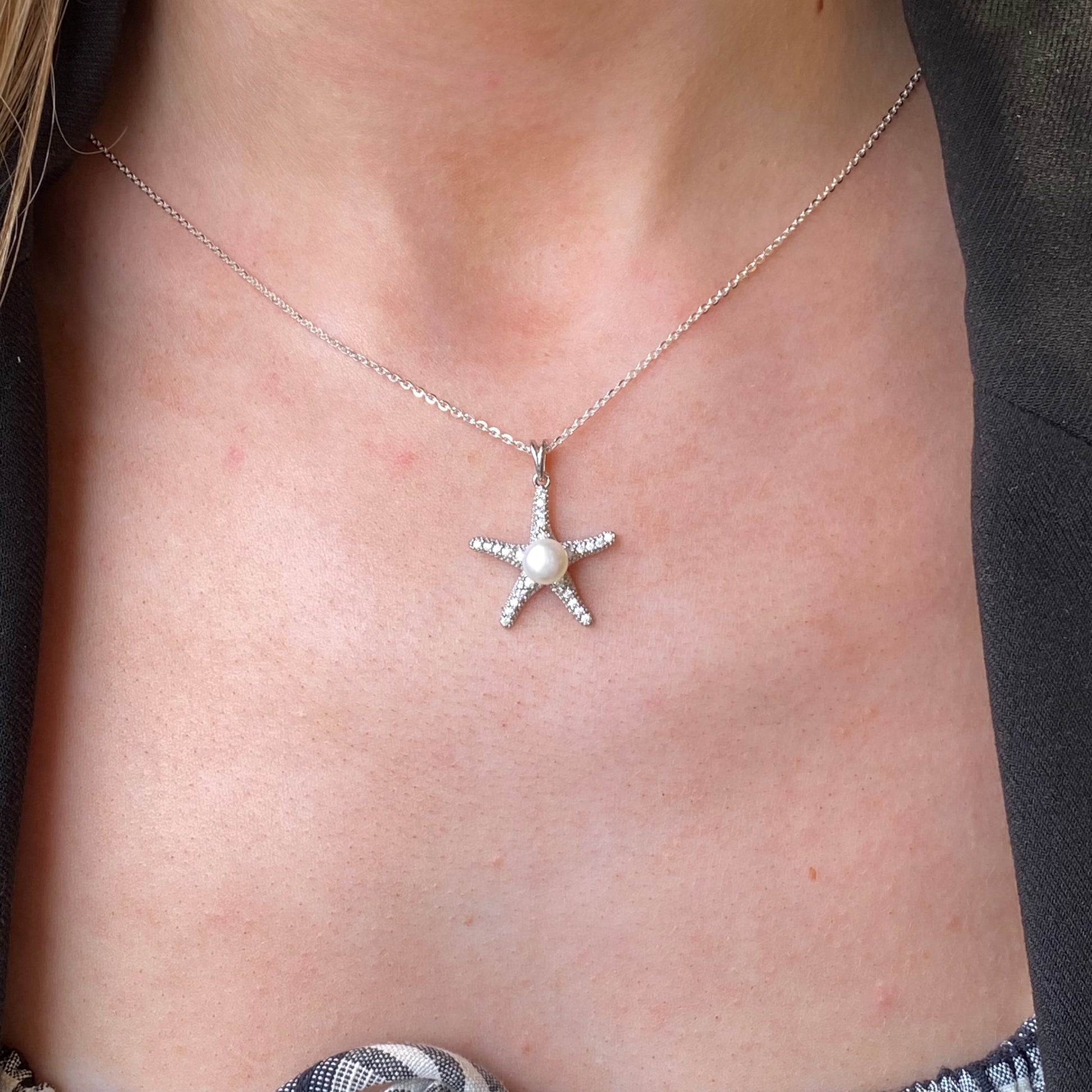 Silver 6mm Freshwater Pearl & CZ Starfish Necklace | 18" - John Ross Jewellers
