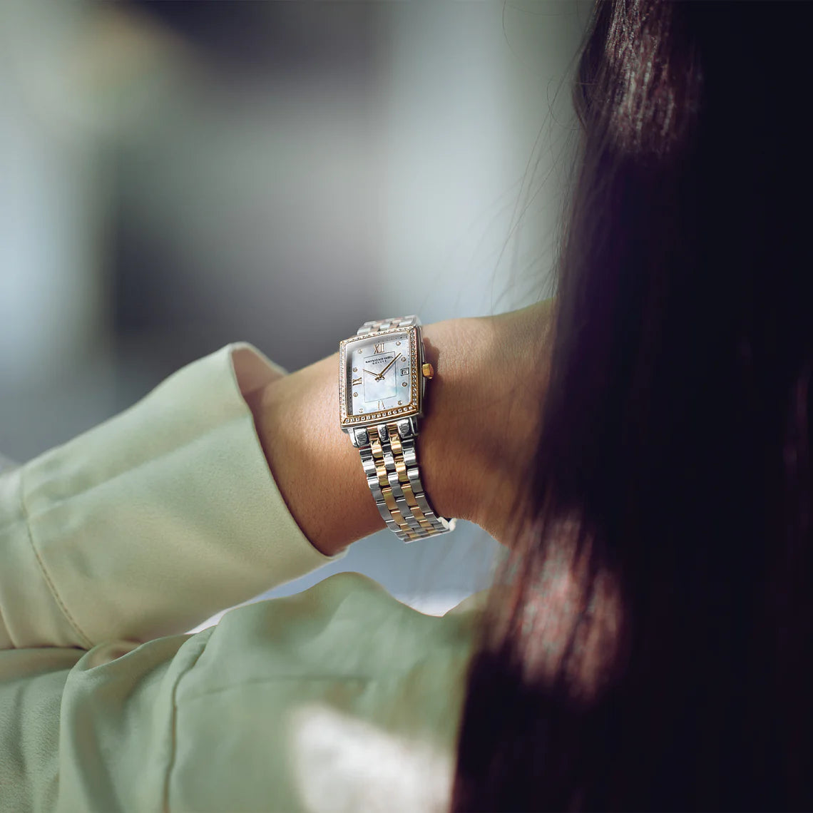 Raymond Weil Lady TOCCATA Rectangular 22 x 28mm Two Tone Mother Of Pearl Dial, Diamonds & Diamond Case - John Ross Jewellers