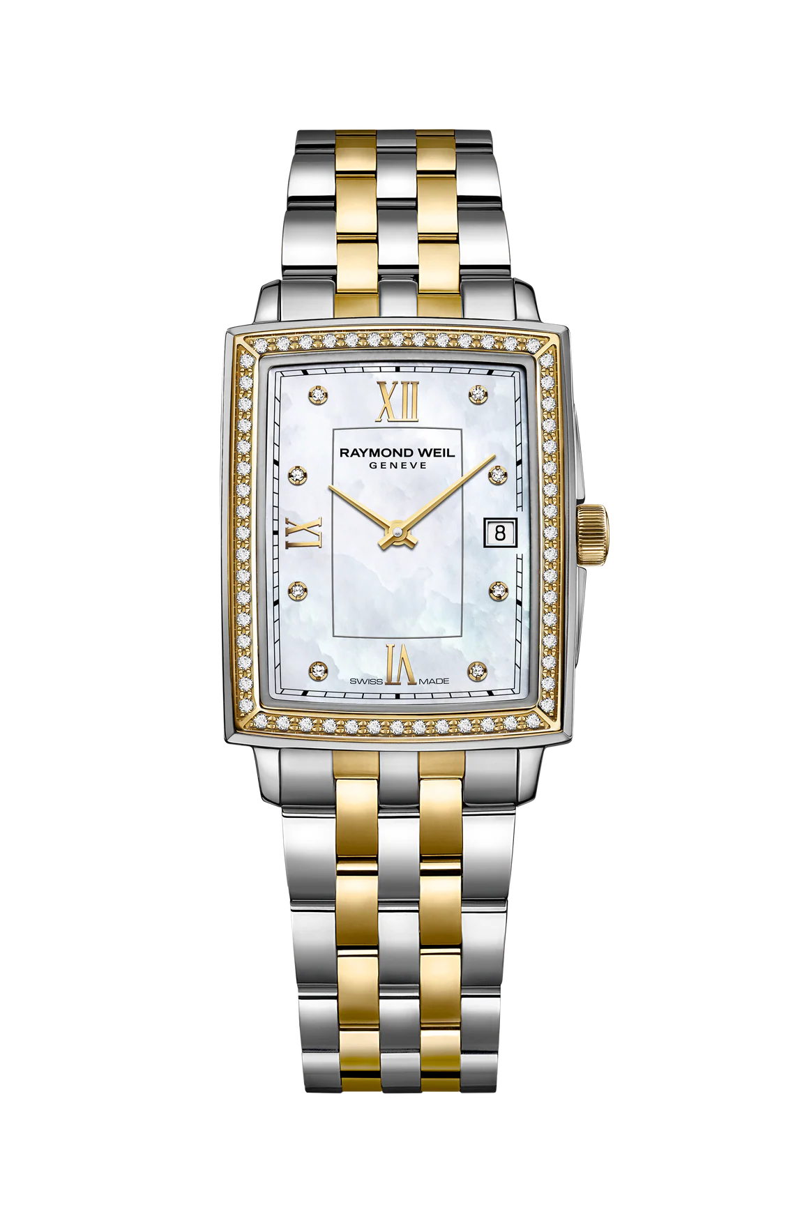 Raymond Weil Lady TOCCATA Rectangular 22 x 28mm Two Tone Mother Of Pearl Dial, Diamonds & Diamond Case - John Ross Jewellers