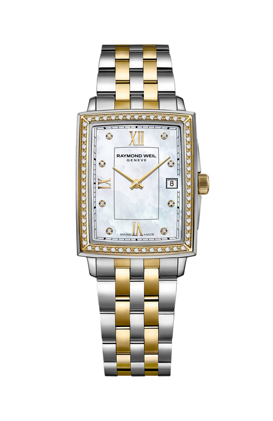 Raymond Weil Lady TOCCATA Rectangular 22 x 28mm Two Tone Mother Of Pearl Dial, Diamonds & Diamond Case - John Ross Jewellers