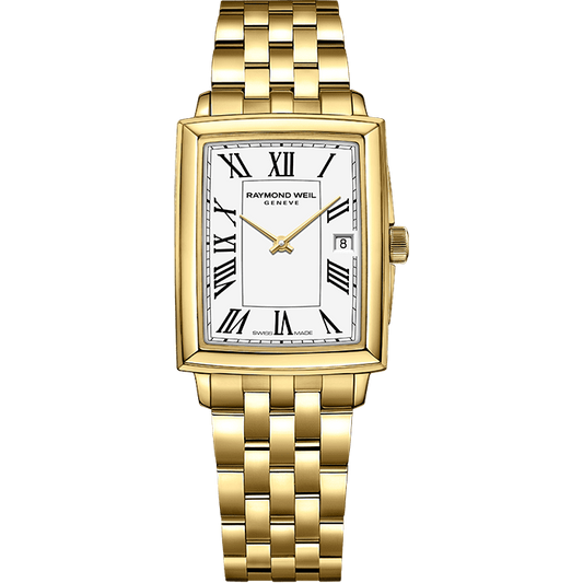 Raymond Weil Lady TOCCATA Rectangular 22.6 x 28.1 mm Gold, Roman Numerals - John Ross Jewellers