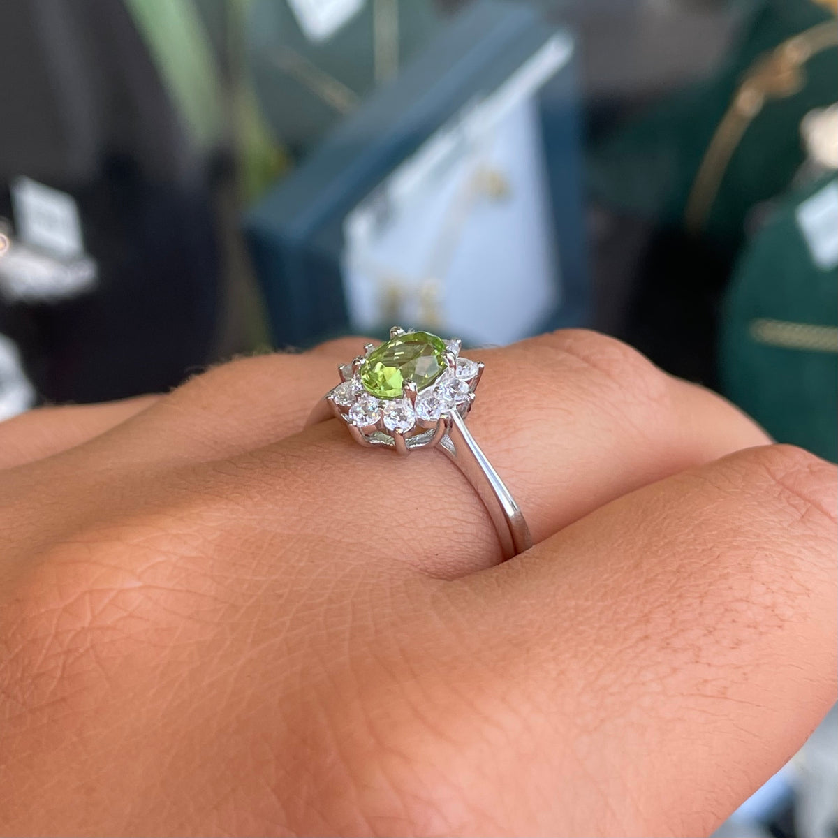 Silver Peridot & CZ Diana Cluster Ring