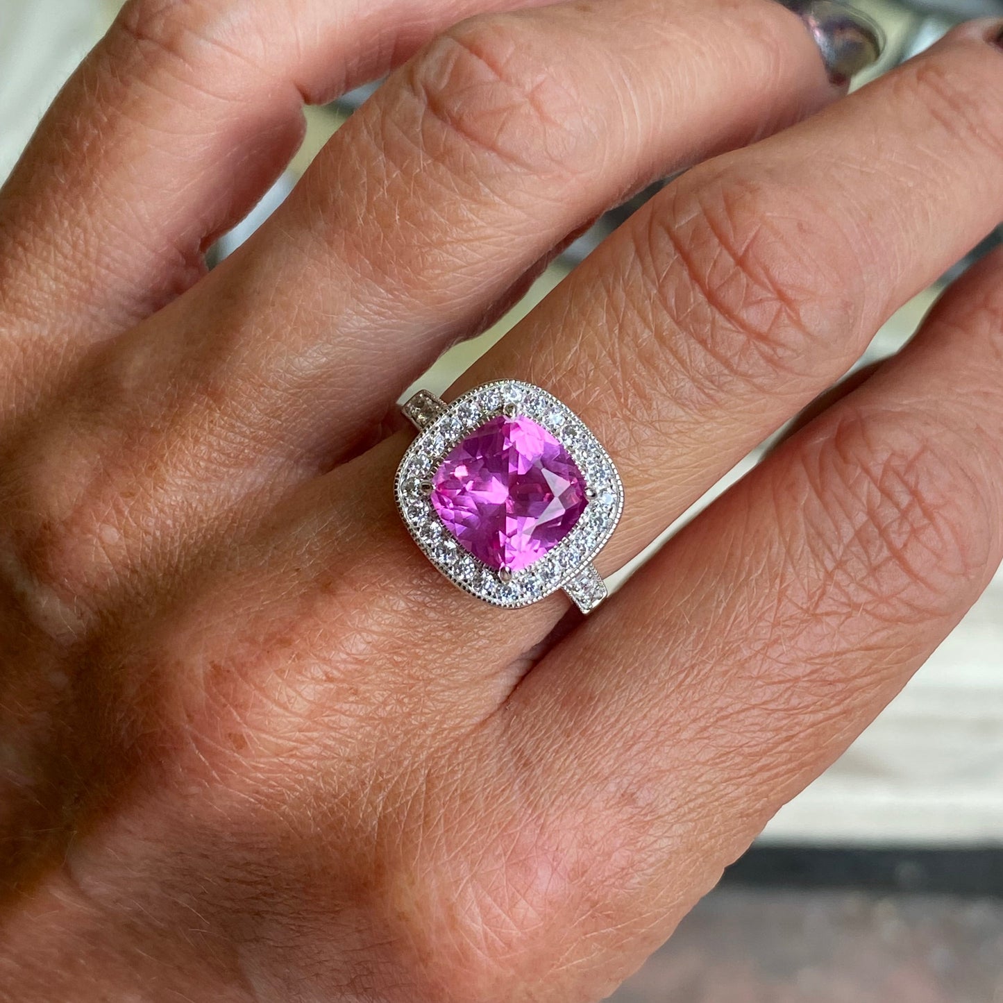 Silver Statement Cushion Solitaire Ring | Hot Pink