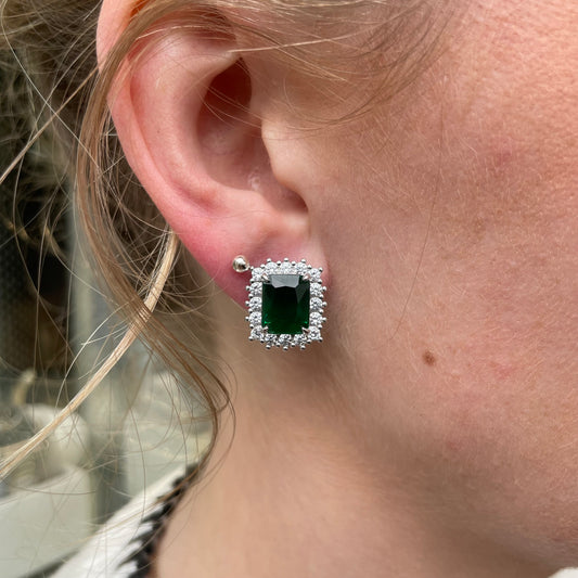 Silver Green CZ Emerald Cut Cluster Clip On Stud Earrings - John Ross Jewellers
