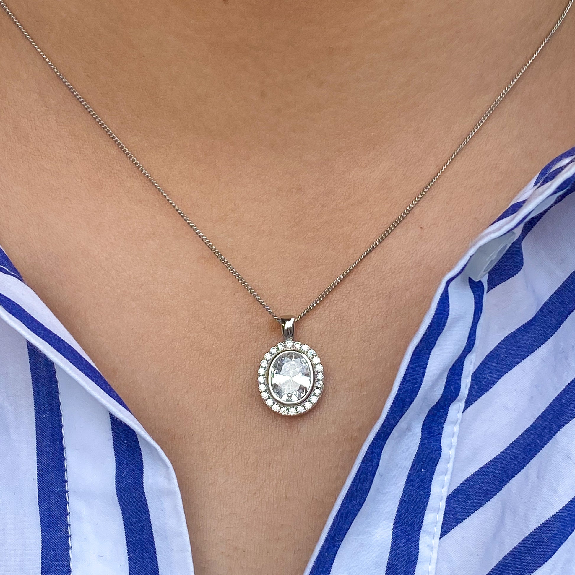 Silver Oval CZ Halo Necklace | Medium - John Ross Jewellers