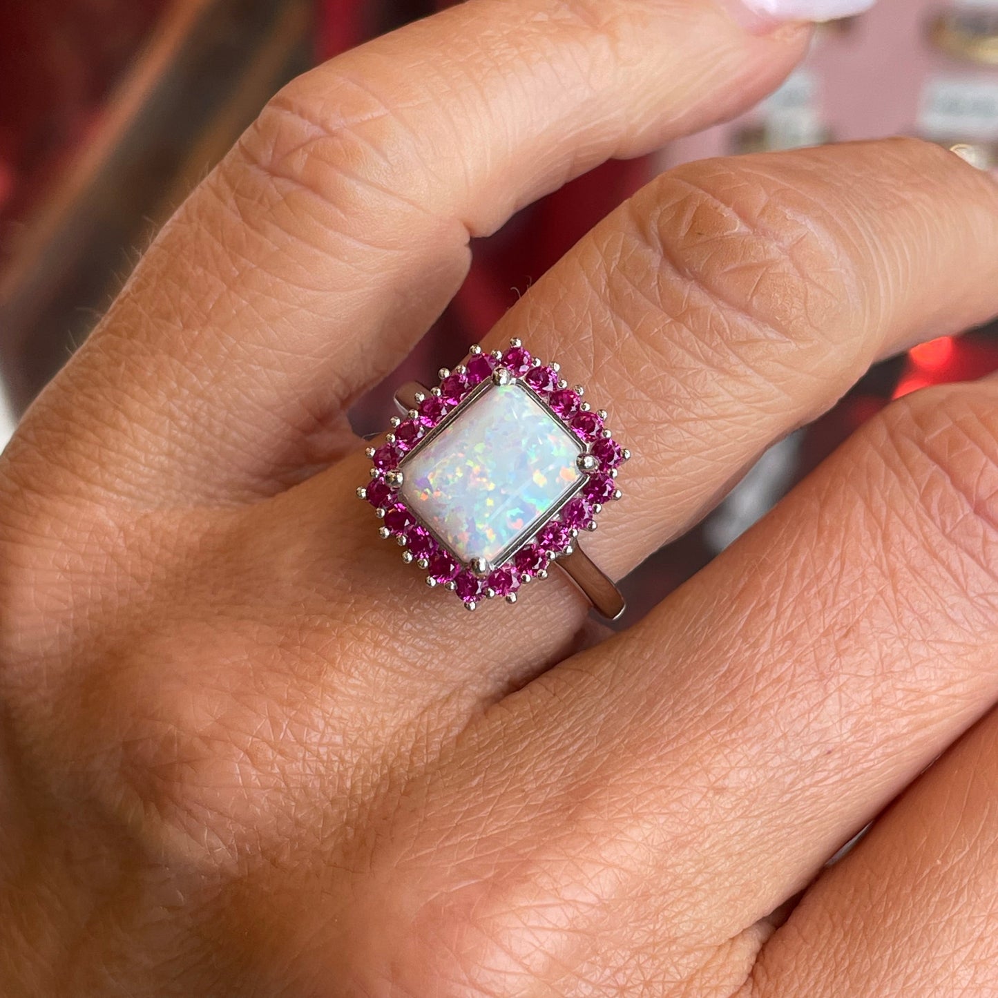 Silver Radiant Cluster Ring | Opalique & Ruby Red - John Ross Jewellers