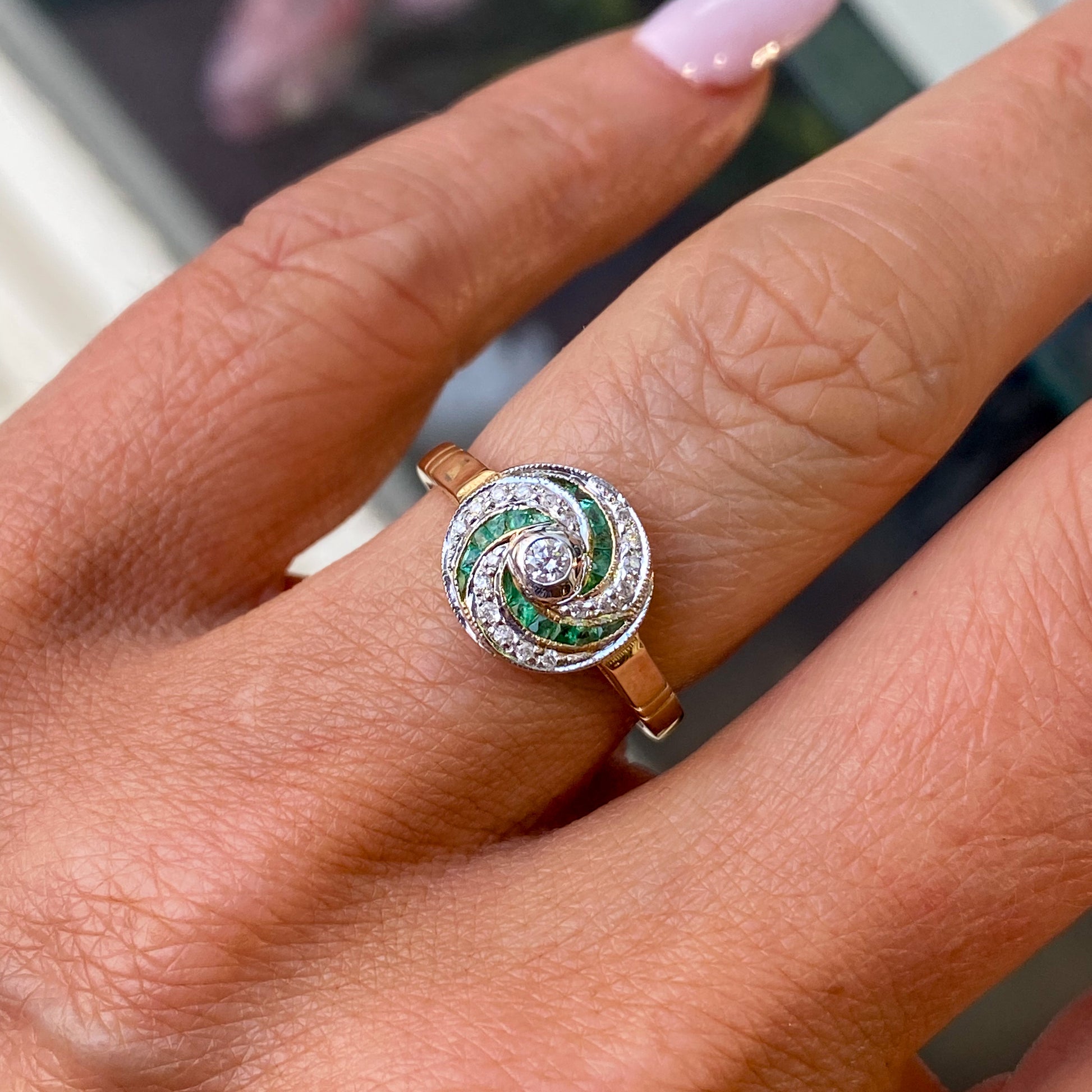 9ct Gold Emerald & Diamond Swirl Ring - John Ross Jewellers