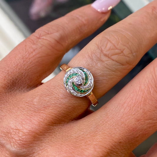 9ct Gold Emerald & Diamond Swirl Ring - John Ross Jewellers