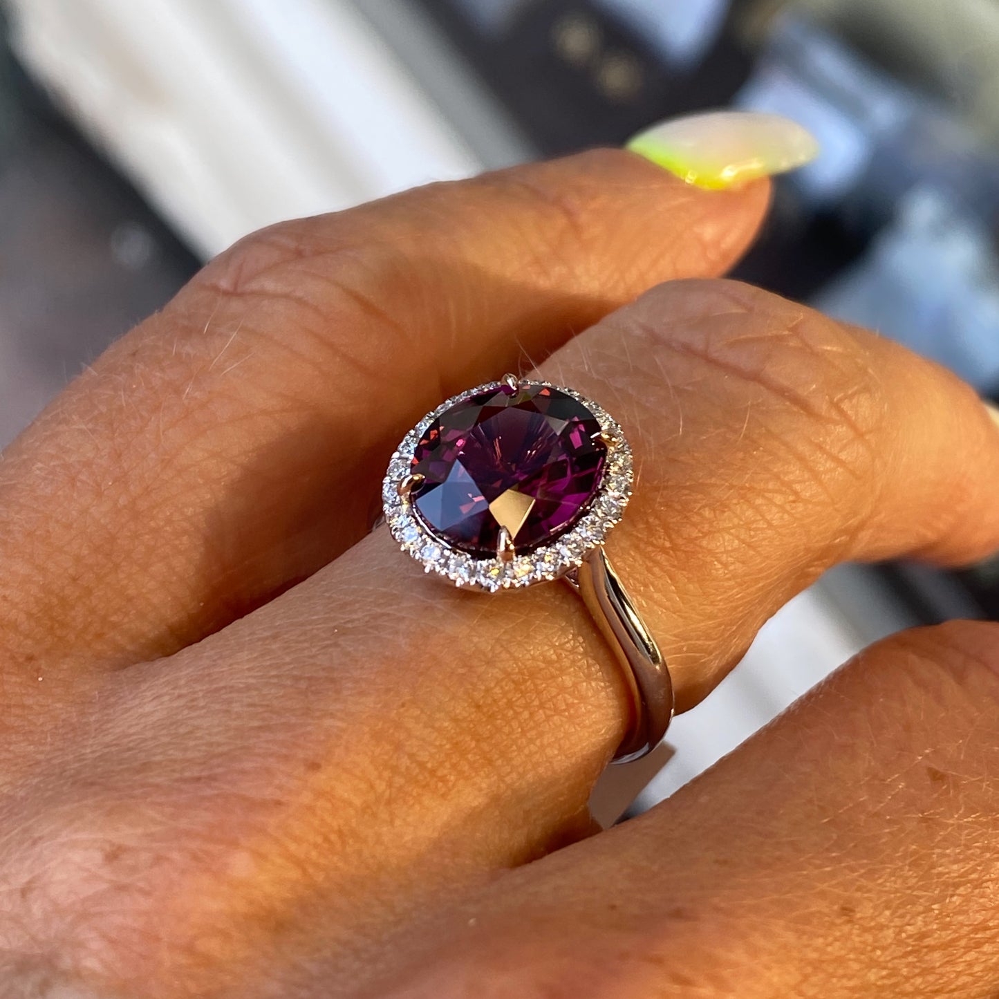 18ct White Gold Rhodolite & Diamond Ring